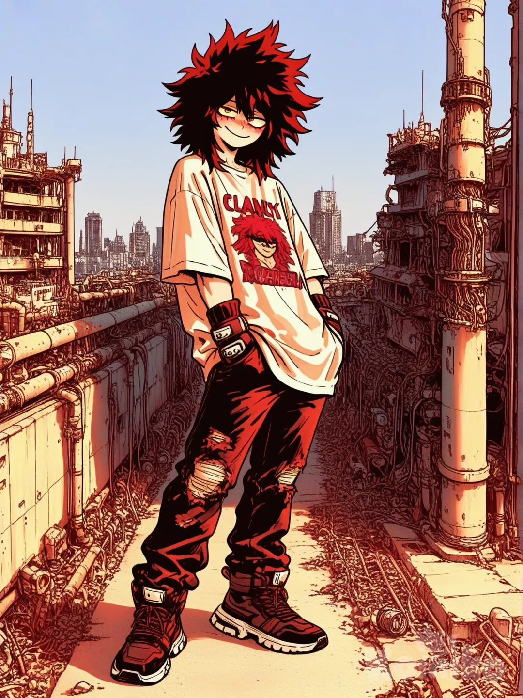 1male, in cool pose, my hero academia style, line art style, teenager, tall, skinny, athletic, gold eyes, medium length hair, spicky hair, red and black, light skin, oversized t-shirt with print, ripes dark jeans, futuristic shoes, shy smile, dark blue knuckle gloves with accessories, background clear sky, sunny day, futuristic city background, [sweet-painting-style]
