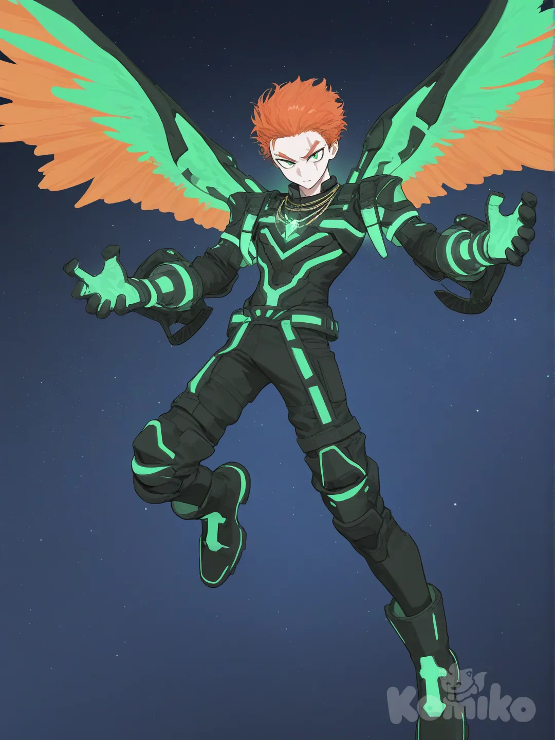 1Male, my hero academia, line art style, falling, teenager, tall, athletic, muscular, pale skin, green eyes with slits, black irises, massive green and orange feathered wings, short hair, orange hair, slicked back hair, scars, glowing Green crystal on shoulder, futuristic black and green full body armor, knee-high futuristic black and green boots, glowing green crystal necklaces, glowing green crystal knuckle gloves, background nighttime sky, looking at viewer, [vibrant-anime-style]