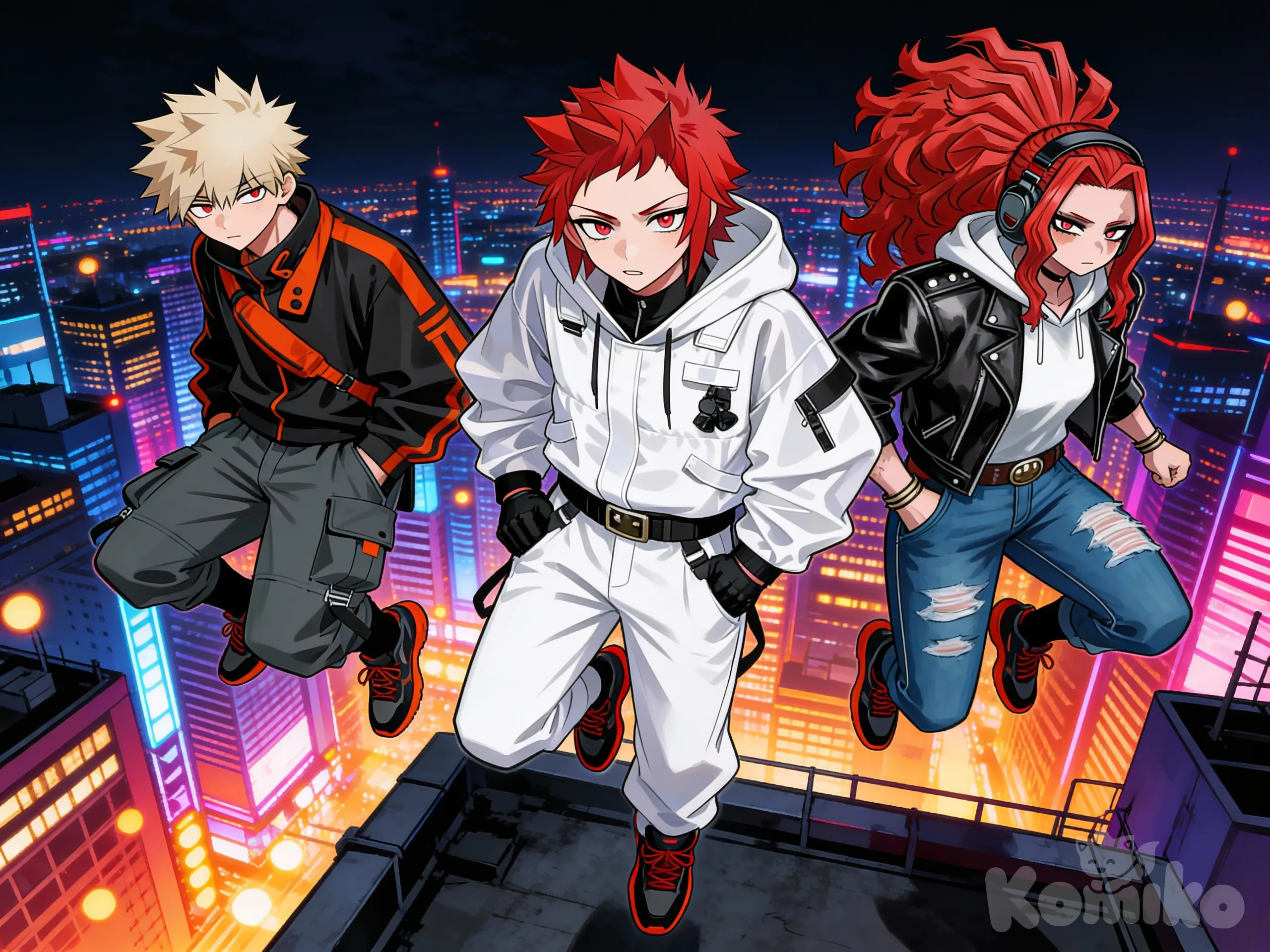 @Bakugou_Katsuki, @Kirishima_Eijirou, @grace-memrobelia-eZr8, hands in pockets, jumping from rooftop, looking at viewer, cityscape, night, city lights, upper body, [action-manga-style]