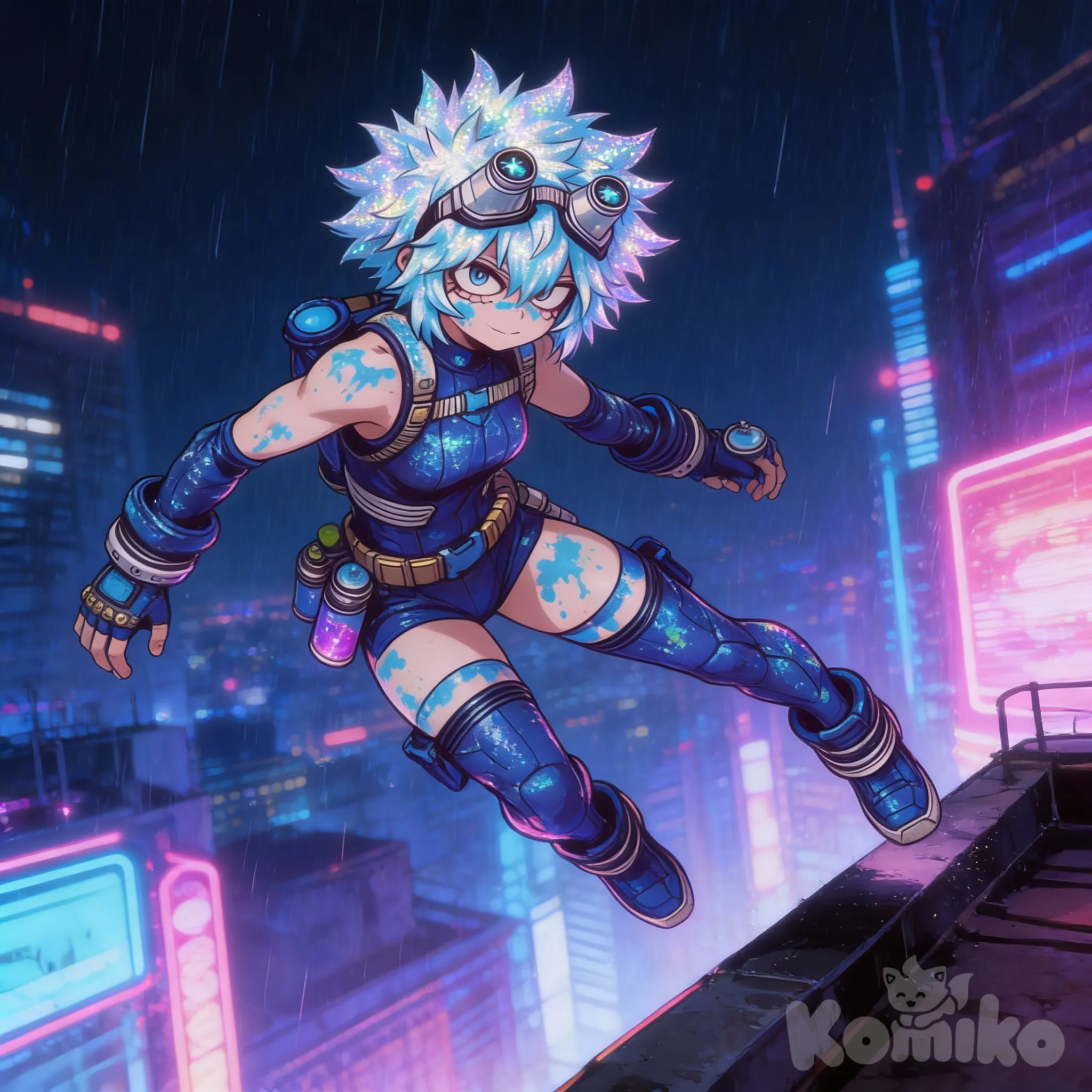 @benji-vermathrax-bea-1AZX, cool poses, raining, night, neon city, jumping from rooftop, expressionless, [iridescent-style]