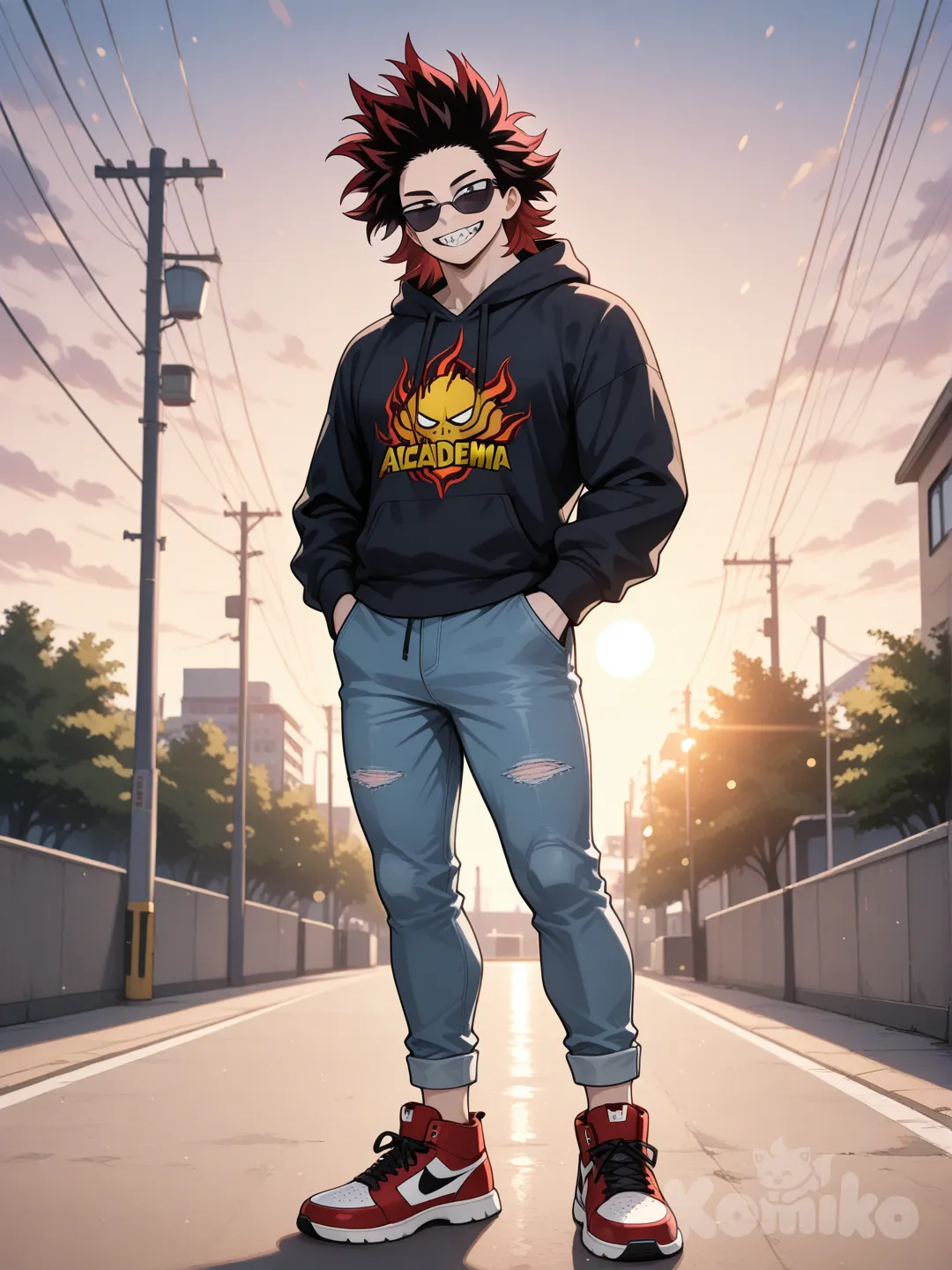 1boy, my hero academia style, hands in pockets, fair skin, muscular, athletic, tall, smile, hoodie with print, jeans, sun, sunglasses, spiky hair, charcoal black hair with red tips, medium length hair, sharp teeth, futuristic red sneakers, blurry background, background school, daytime