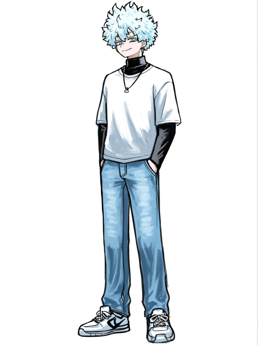 [sketchy-painterly-style] 1boy, my hero academia style, lineart, teenager, athletic, tall, slim, light blue hair, short hair, spiky hair, frizzy hair, light blue eyes, white eyelashes, fair skin, black turtleneck, jeans, sneakers, earrings, necklace, cute hairpin, cherry blossom trees, daytime, closed mouth smile, single character, full body, looking at viewer, anime style, simple background, white background