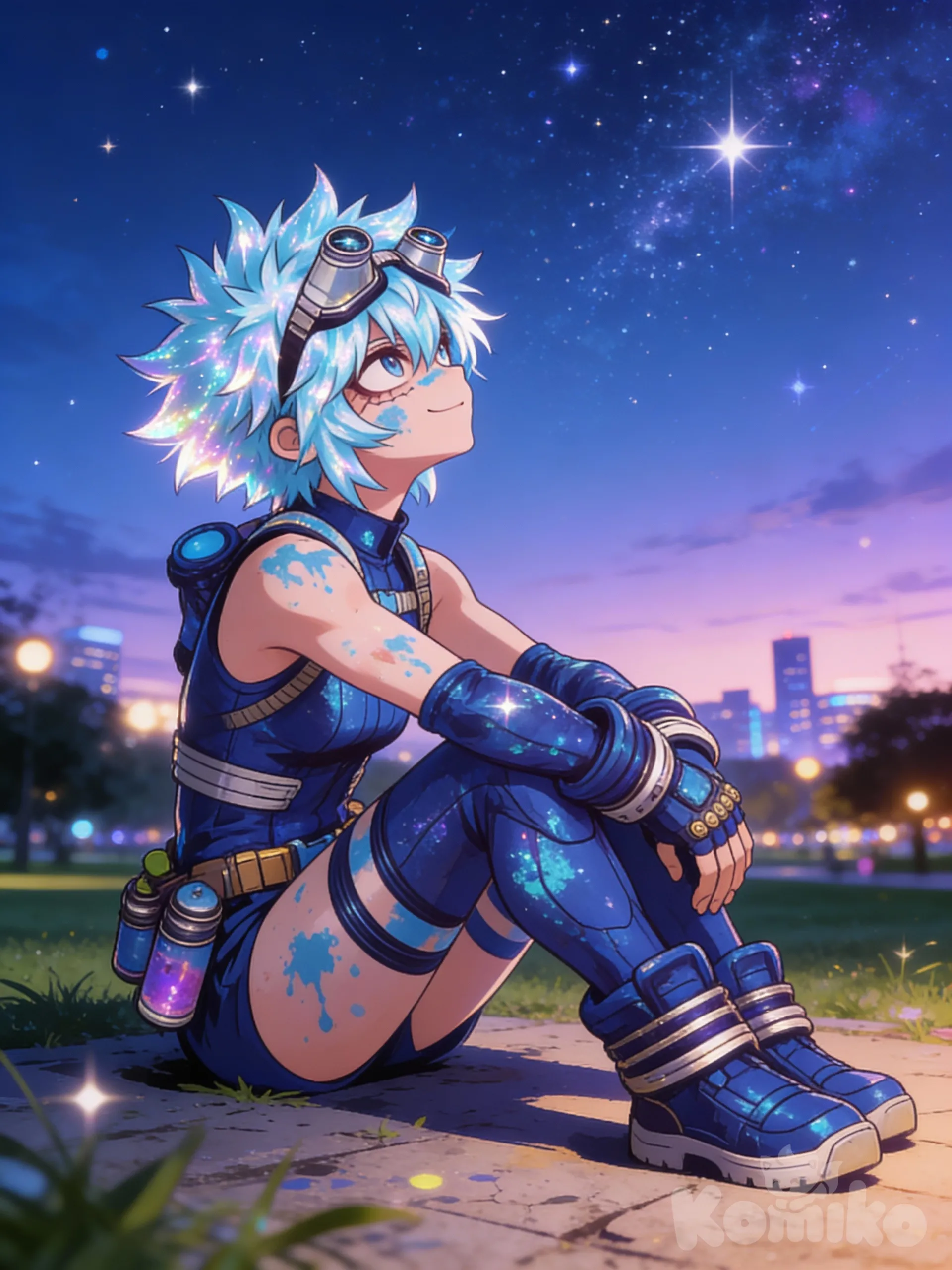 @benji-vermathrax-bea-1AZX, looking up at stars, twilight, sle, city lights, cosmic background, [iridescent-style], sitting on the ground, park, side profile photo