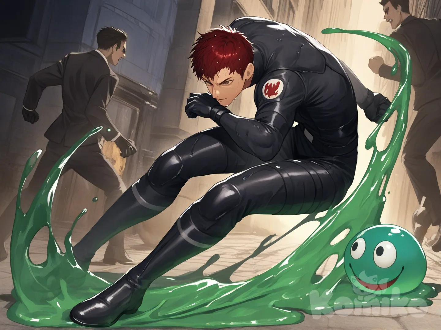 1boy, 1boy, 2people, fighting, superhero vs villain, superhero vs monster, human vs monster, confront, main street

Characters :
First person : Derek Kingsfield : 28, has a short dark red hair, brown eyes, tan skin, black gloves, he's wearing three tone red with black and white strap tight suit , superhero suit, adult, [serious-man-style], full body, central city background, wet, superhero, fighting stance,

Second person : monster, villain, green slime, liquid gell, ball eyes, tentacles, gooey