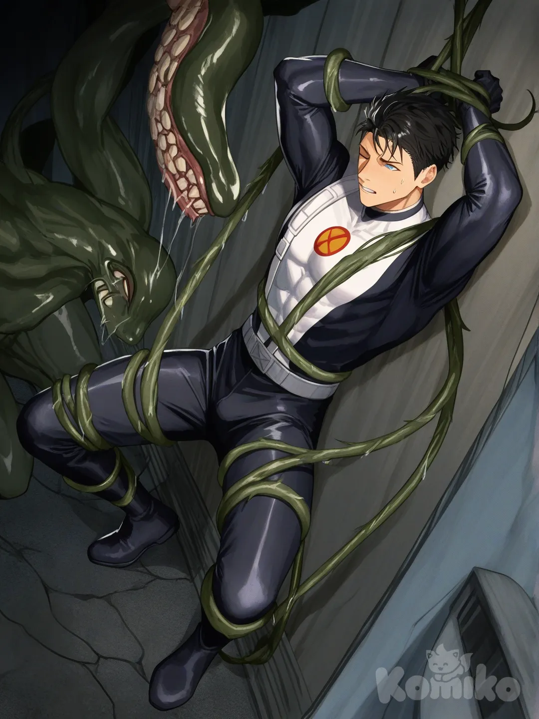 1boy, 1boy, 2people, fighting, superhero vs villain, superhero vs monster, human vs monster, confront, in sewer, monster den, 

Characters :
First person : Yamazaki Sousuke, free! anime, has a short black hair, blue eyes, light skin, black gloves, he's wearing two tone black with white strap tight suit, superhero suit, adult, [serious-man-style], full body, monster lair background, superhero, captured, pleasure, eye closed, tied up in standing spreadeagle, stand streched out in a x shape, 

Second person : villain, gigantic sewer monster, vines, tentacles, sewer monster, catch, dangerous
