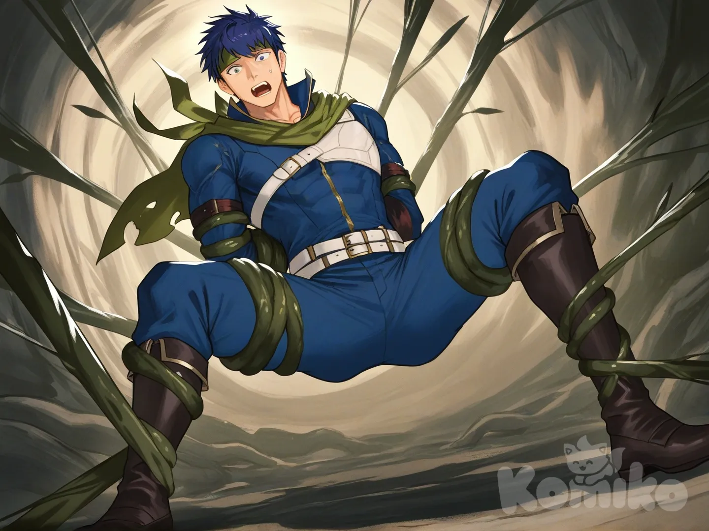 1boy, 1boy, 2people, fighting, superhero vs villain, superhero vs monster, human vs monster, confront, in sewer, monster den, 

Characters :
First person : Ike, fire emblem, has a short dark blue hair, green bandana, blue eyes, light skin, black gloves, he's wearing two tone blue with white strap tight suit, superhero suit, adult, [serious-man-style], full body, water tunnel background, superhero, captured, tied up in standing spreadeagle, stand streched out in a x shape, shock

Second person : villain, gigantic sewer monster, vines, tentacles, sewer monster, catch, dangerous