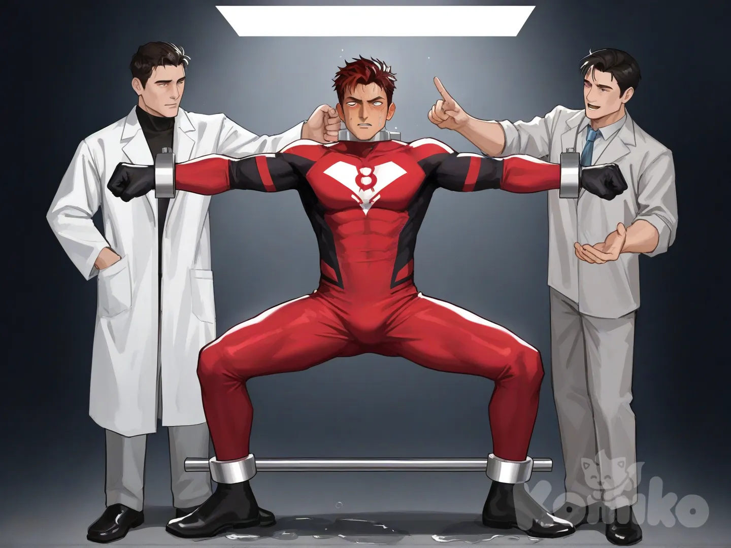 1boy, 1boy, 2people, fighting, superhero vs mad scientist, superhero vs villain, human vs human, confront, laboratorium,

 Characters :

First person : Derek Kingsfield, jock studio, has a short dark red hair, tan skin, black gloves, he's wearing three tone red with black and white strap tight suit, superhero suit, adult, [serious-man-style], full body, laboratorium background, wet suit, superhero, blank stare, standing, captured, tied up spread eagle on crucified x shaped, research object,

Second person : villain, human, middle age, male, mad scientist, lab coat, hypnotist, hypno tools, mind control, brain wash