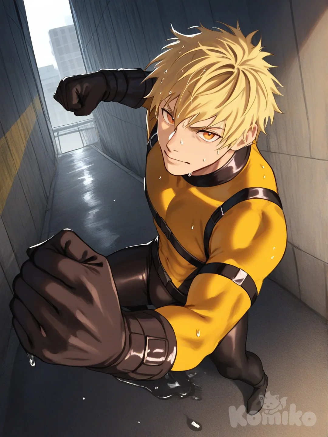 1boy, fighting, superhero, in city sewer,

Characters :
First person : Leo Mendez, Jock Studio, has bright yellow hair, with large orange eyes, tan skin, twink, short, black gloves, he's wearing three tone yellow with white and black strap tight suit, superhero suit, adult, [serious-man-style], full body, sewer background, wet, superhero, clenched fist, stance, distance, looking at viewer, standing
