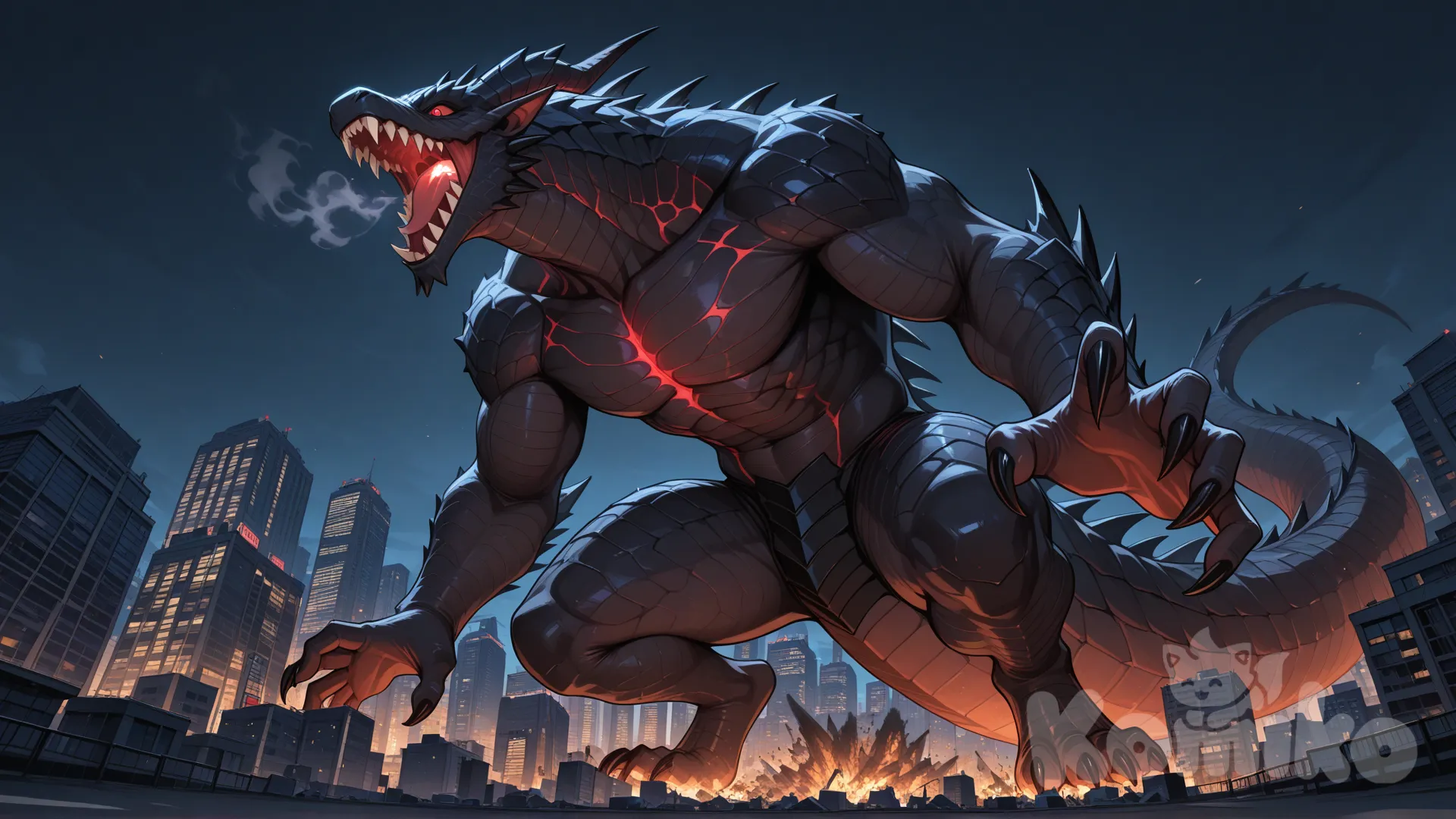 1boy, villain, monster, rampage, city, rooftop, from below, 

Characters:
First character: Villain, giant monster, red eyes, stan on two legs, fangs, sharp teeth, dragon scale, sharp claw, finned, big tail, nuclear breath, rampage