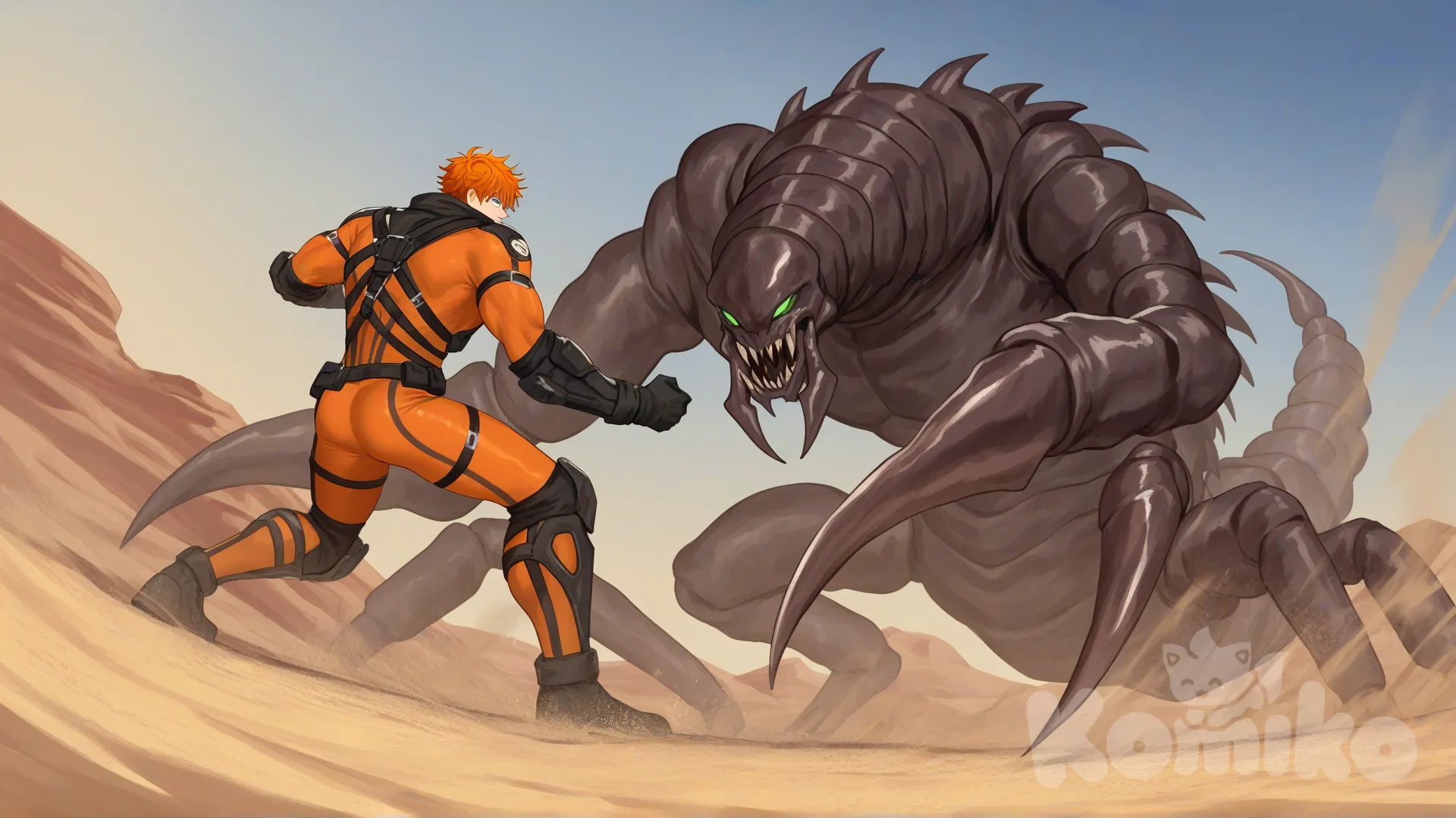 2people, superhero vs villain, superhero vs monster, rampage, desert, sand dunes confront, from below, 

Characters:
First character: Superhero, Bryce Callahan, Jock Studio, giant body, messy orange hair, green eyes, fair skin tone, black gloves, he's wearing three tone orange with black and white strap tight suit, superhero suit, [serious-man-style], full body, defense stance,

Second character: Villain, scorpion monster, arachnid, arthropod, poisonous sharp tail, scale, two giant claw, full body, rampage, spiky body