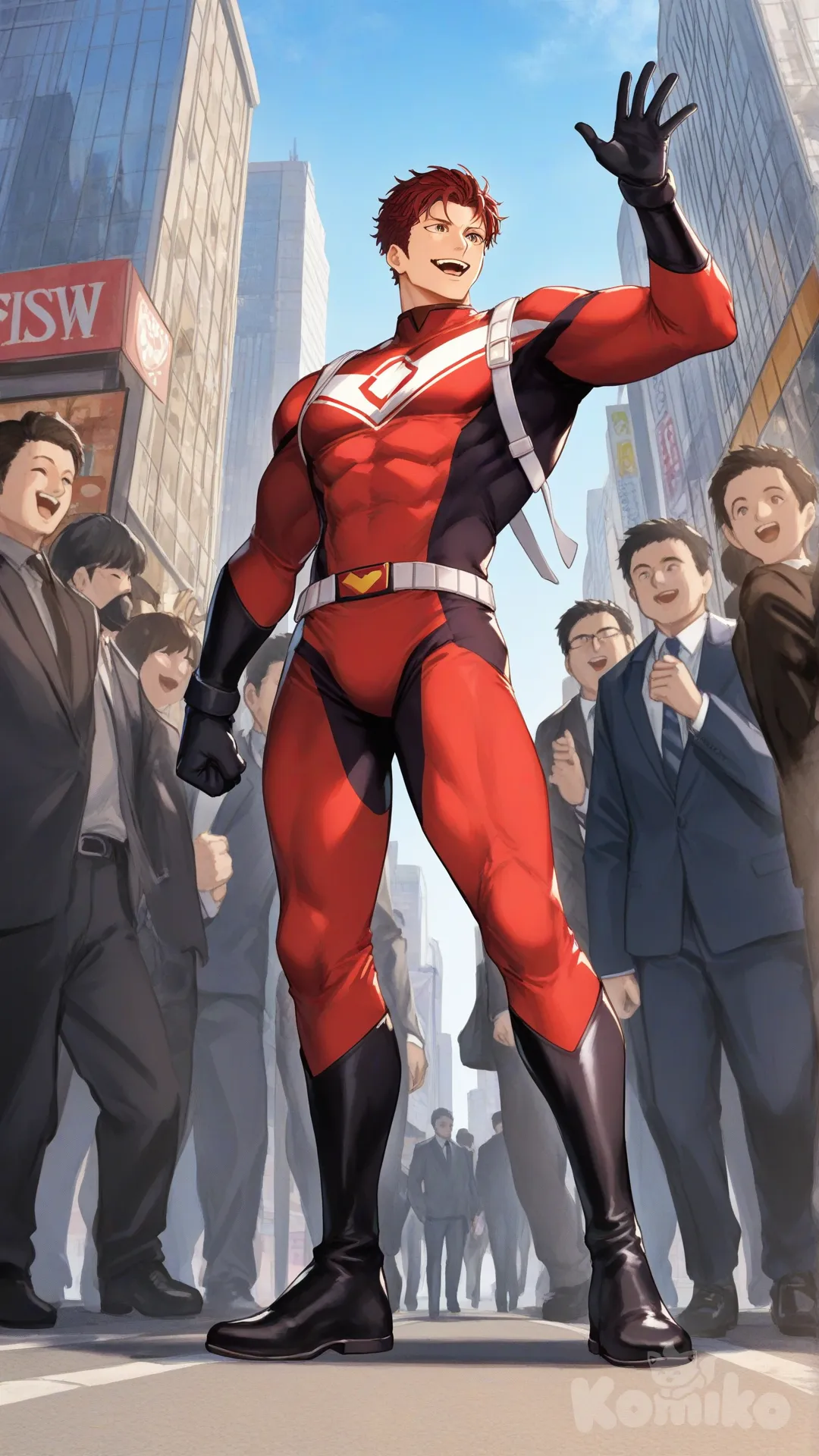 1boy, solo, from below, city, main street, surrounded by citizen,

Characters:
First character: Superhero, Derek Kingsfield, Jock Studio, muscular body, brown eyes, short dark red hair, warm peach skin tone, black gloves, he's wearing three tone red with black and white strap tight suit, superhero suit, [serious-man-style], full body, standing, wave one hands, smile, open mouth, looking away
