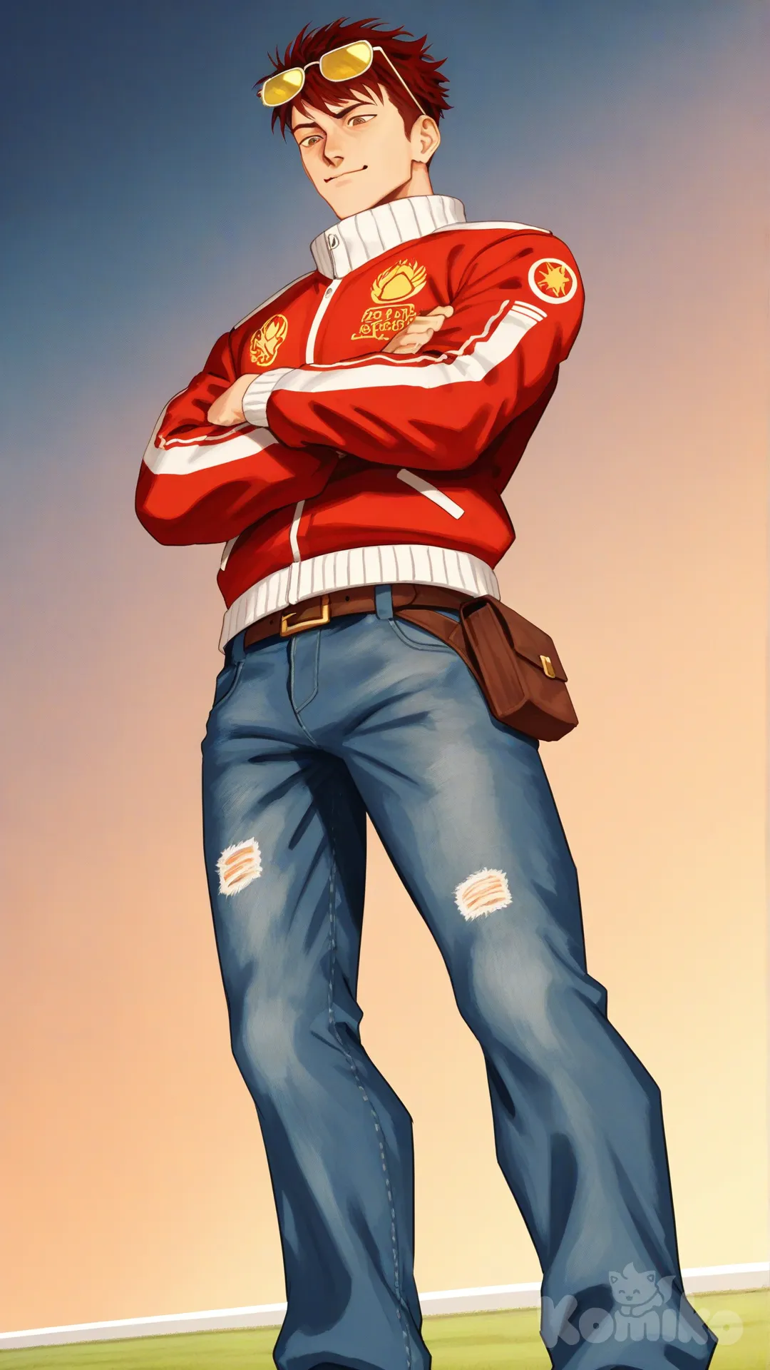 1boy, solo, football field, from below,

Derek Kingsfield, Jock Studio, muscular body, brown eyes, short dark red hair, warm peach skin tone, muscular body, standing, [serious-man-style], full body, thin smile, crossed arms, wears square yellow sunglasses over his head, wears red jacket with white accents and yellow star designs, blue jeans, wears a brown leather harness and belt with a pouch and leather strips on his left