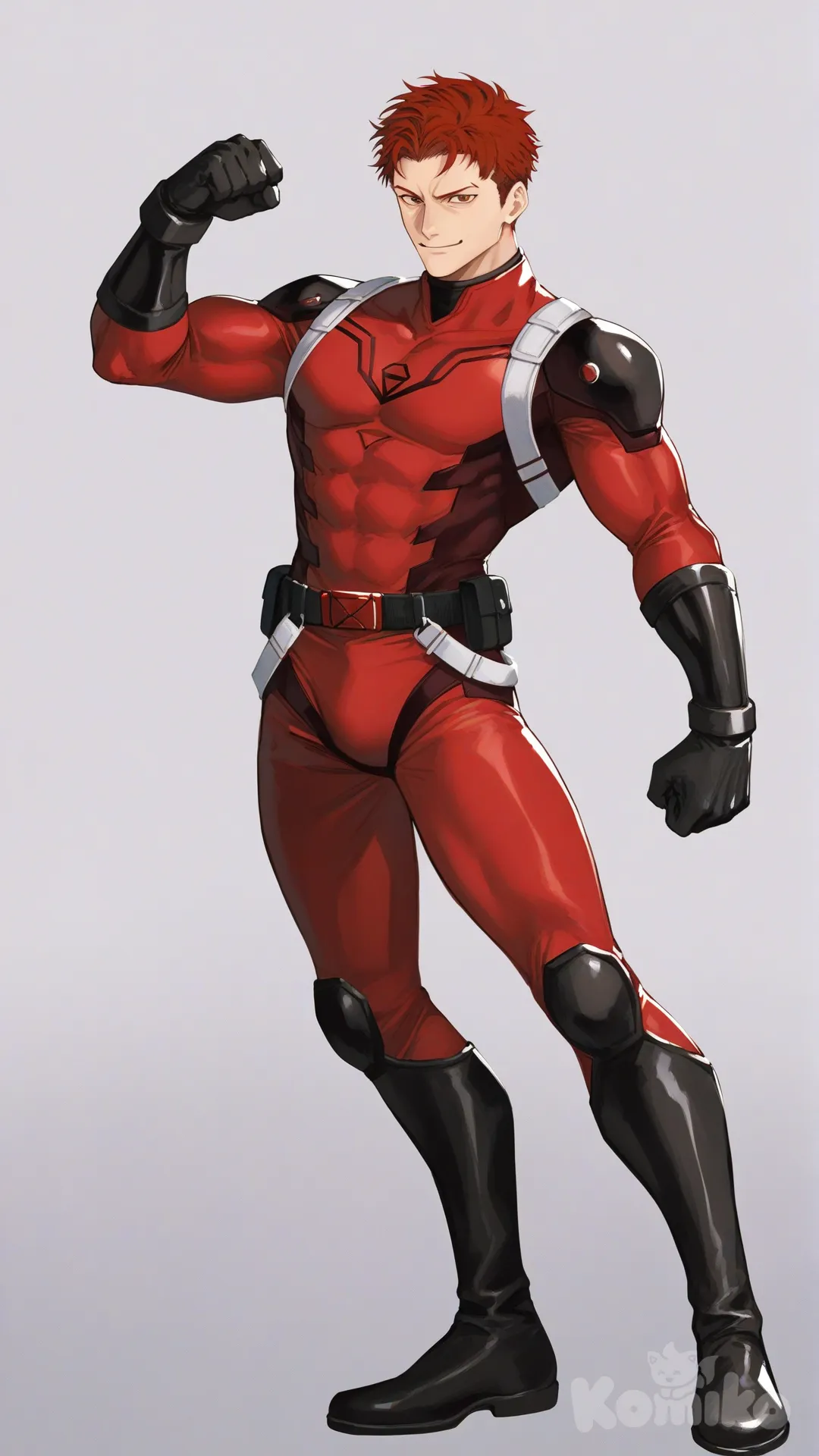1boy, solo, white background, front profile photo, looking at viewer, 

Characters:
First character: Superhero, Derek Kingsfield, Jock Studio, muscular body, brown eyes, short dark red hair, warm peach skin tone, black gloves, he's wearing three tone red with black and white strap tight suit, superhero suit, [serious-man-style], full body, standing, thin smile