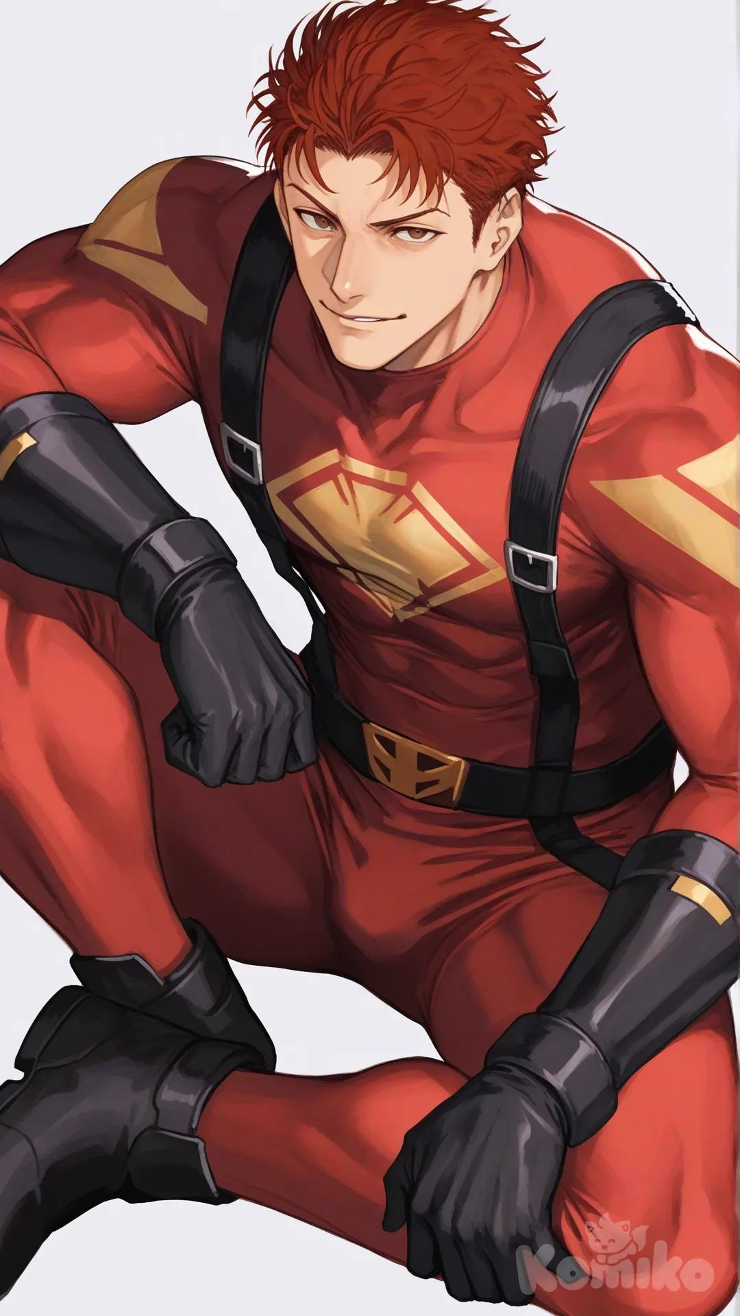 1boy, solo, white background, front profile photo, looking at viewer, 

Characters:
First character: Superhero, Derek Kingsfield, Jock Studio, muscular body, brown eyes, short dark red hair, warm peach skin tone, black gloves, he's wearing three tone red with black and white strap tight suit, superhero suit, [serious-man-style], full body, thin smile, sitting on the ground
