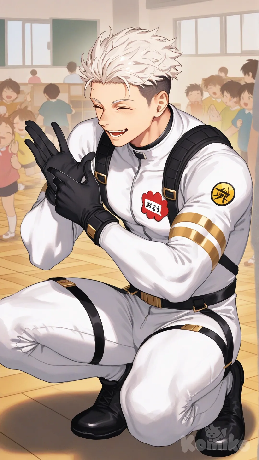 1boy, solo, kindergarten, class, kindergarten children's, looking down at children's, welcomed enthusiastically by the children, surrounded by children's, front view, hugged by one child,

Characters:
First character: Superhero, Yuuto Nakajima, Jock Studio, athletic body, spiky undercut peach hair color, eyes closed, peach skin tone, black gloves, he's wearing three tone white with black and gold strap tight suit, superhero suit, [serious-man-style], full body, smile, open mouth, squat, hug