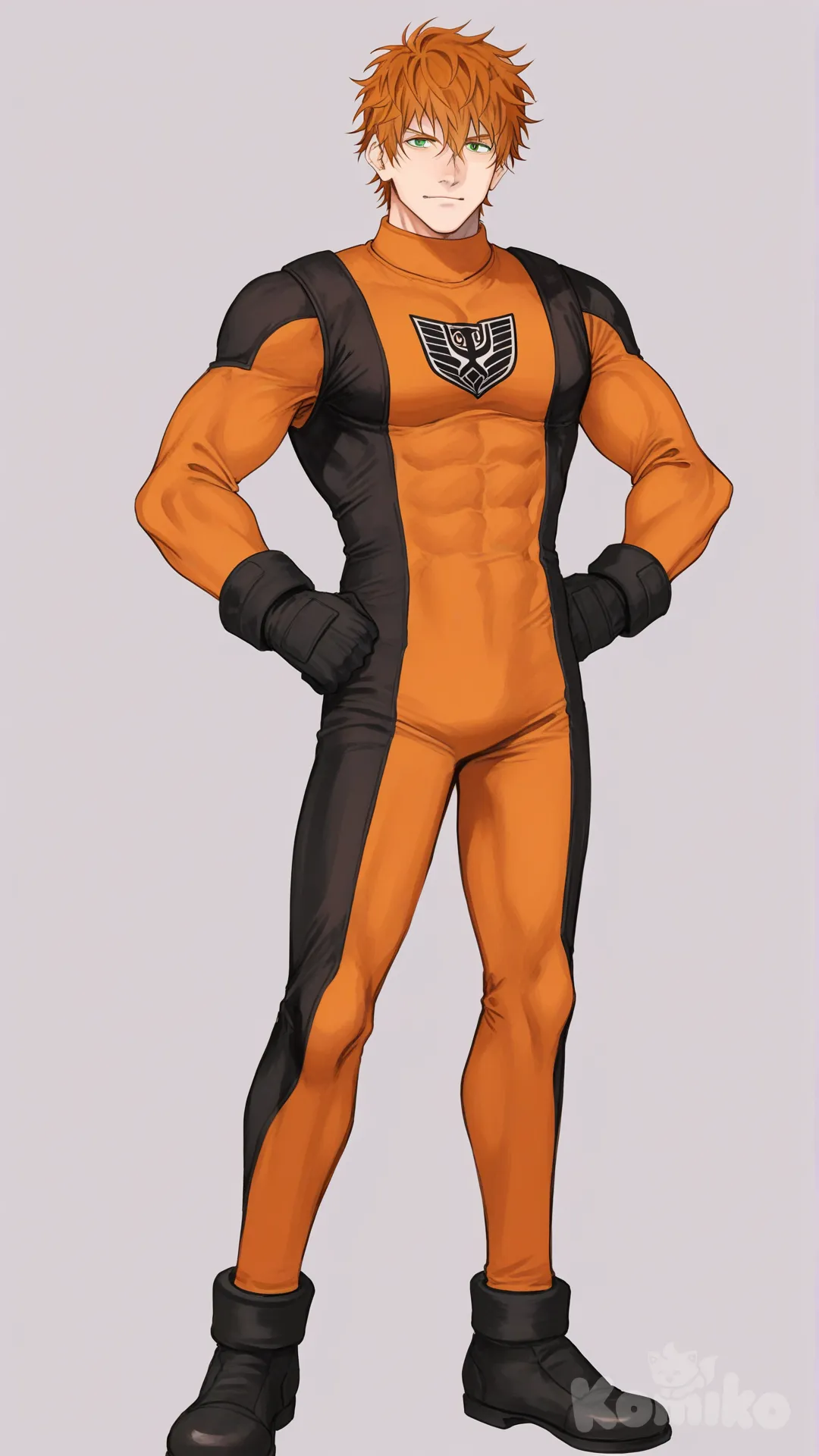 1boy, solo, white background, front profile photo, 

Characters:
First person: Superhero, Bryce Callahan, Jock Studio, muscular body, messy orange hair, green eyes, fair skin tone, black gloves, he's wearing orange super sentai suit, super sentai, superhero suit, [serious-man-style], full body, standing, hands on own hips