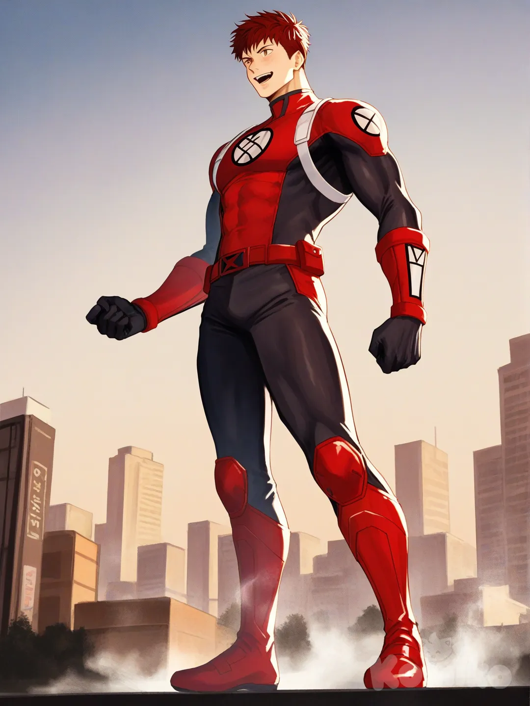 1boy, solo, from below, city, main street, surrounded by citizen,

Characters:
First character: Superhero, Derek Kingsfield, Jock Studio, muscular body, brown eyes, short dark red hair, warm peach skin tone, black gloves, he's wearing three tone red with black and white strap tight suit, superhero suit, [serious-man-style], full body, standing, wave one hands, smile, open mouth, looking away