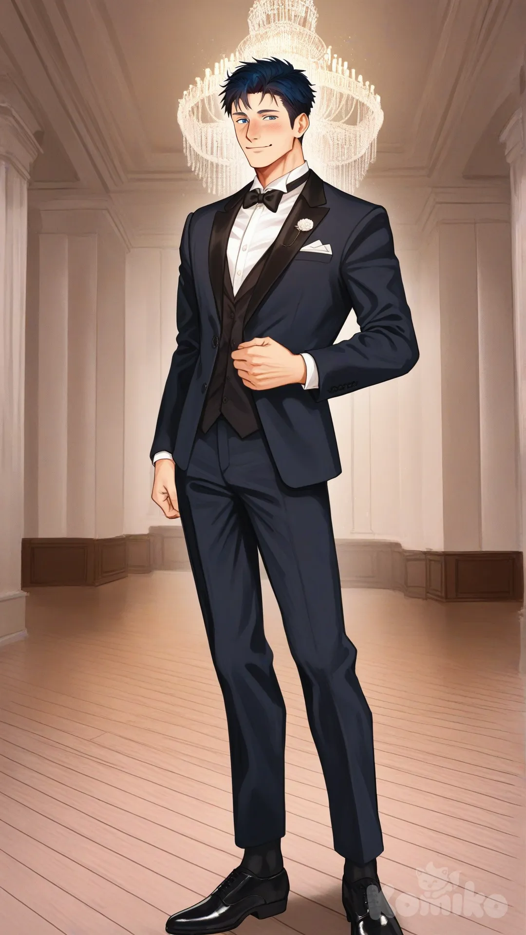 1boy, solo, hall dance background, looking at viewer,

Characters:
First character: Superhero, Ace Anderson, Jock Studio, slim-fit body, mature, dark blue hair textured crop, dark blue eyes, medium skin tone, [serious-man-style], black OTC sock, full body, wears, tuxedo, looks fancy, thin smile, blush