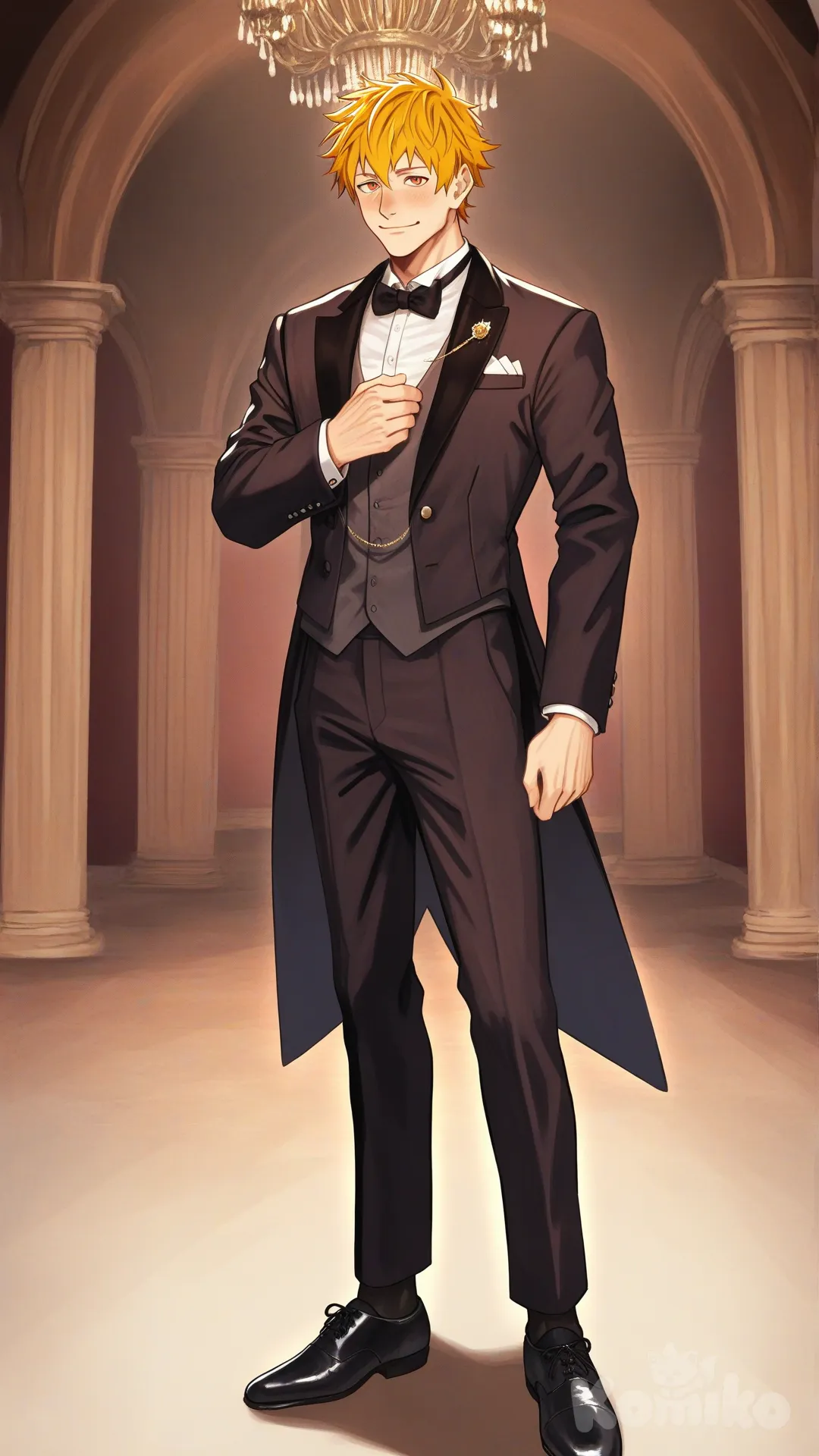 1boy, solo, hall dance background, looking at viewer,

Characters:
First character: Superhero, Leo Mendez, Jock Studio, fibrant yellow hair color, large orange eyes, medium skin tone, slim body, mature, [serious-man-style], black OTC sock, full body, wears, tuxedo, looks fancy, thin smile, blush