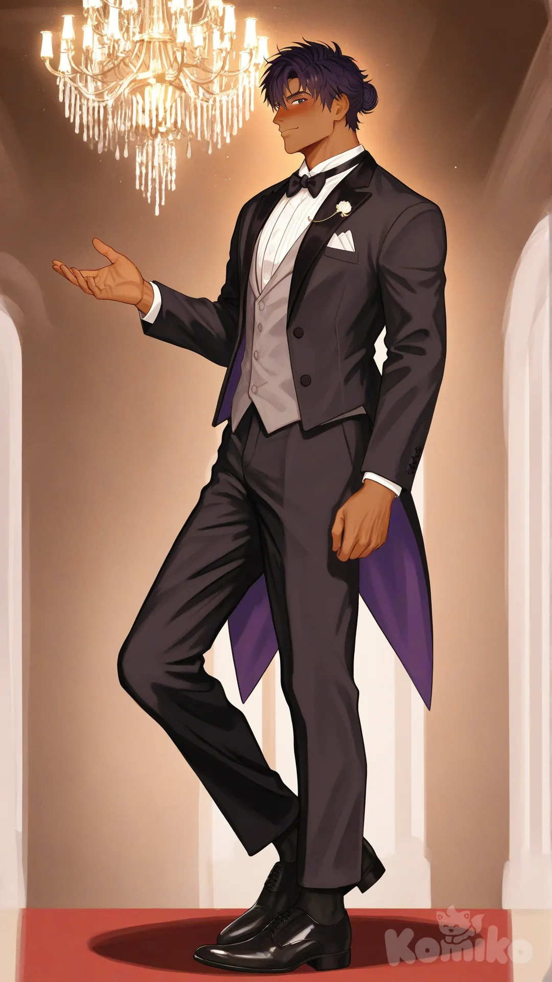 1boy, solo, from side, hall dance background, looking at viewer,

Characters:
First character: Superhero, Zayne Alexander, Jock Studio, muscular body, purple eyes, purple man-bun hair, dark skin tone, mature, [serious-man-style], black OTC sock, full body, wears, tuxedo, looks fancy, thin smile, blush