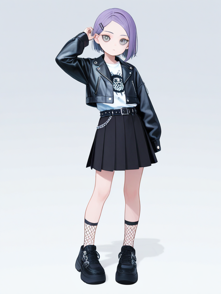 1girl, child, slim, purple_hair, grey_eyes, fair_skin, school_vest, punk_leather_jacket, hairpin, single character, full body, looking at viewer, anime style, simple background, white background