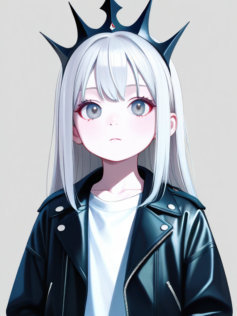 1girl, child, athletic, white_hair, grey_eyes, pale_skin, leather_jacket, crown, solo, full_body, looking_at_viewer, anime_style, simple_background, white_background