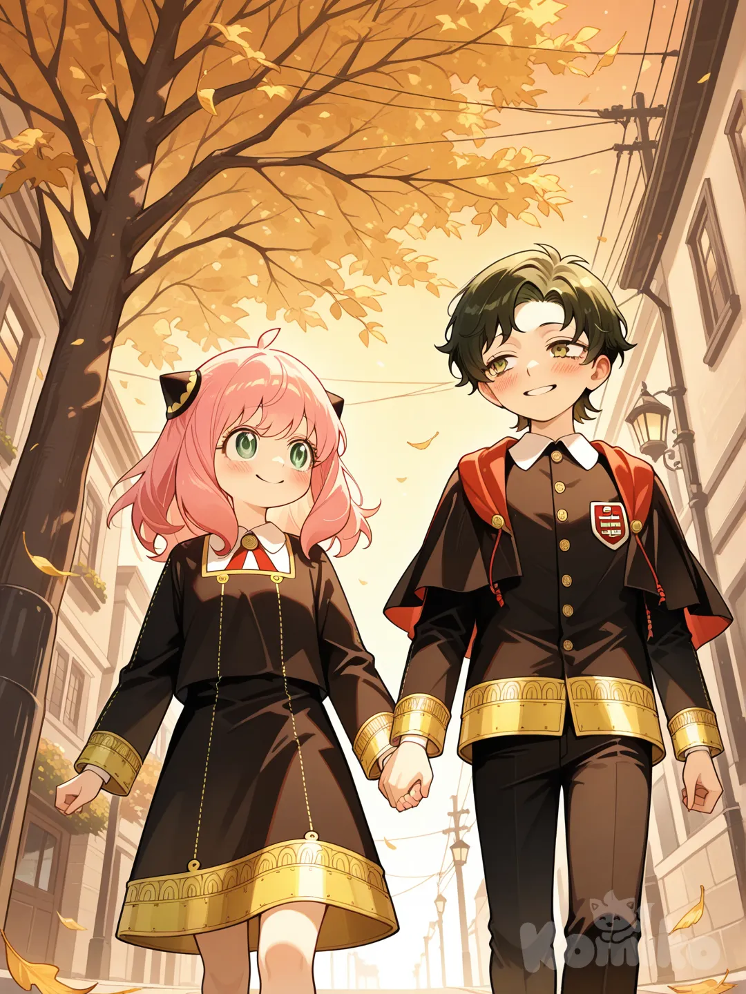 @Anya_(Spy_X_Family), @Damian_Desmond,A man and a woman holding hands walking on the street, under the sunset, looking at each other sweetly and smiling, like a couple deeply in love, low-angle shot, characters centered in the frame, autumn season, golden leaves falling around.