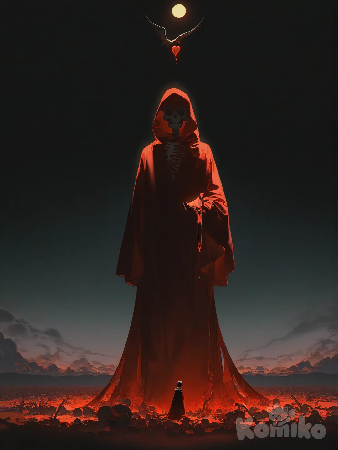 [high-contrast-glossy-style]

A dark, dreary night sky. In the sky, a dark, incomprehensible being looks in the distance, hovering over a golden moon. Seated on a cloud observing the entity is a woman dressed in revealing red robes and a beating heart in her hand, her red robes spilling over the clouds into a torrent of blood that washes over a desolate, bone filled world.