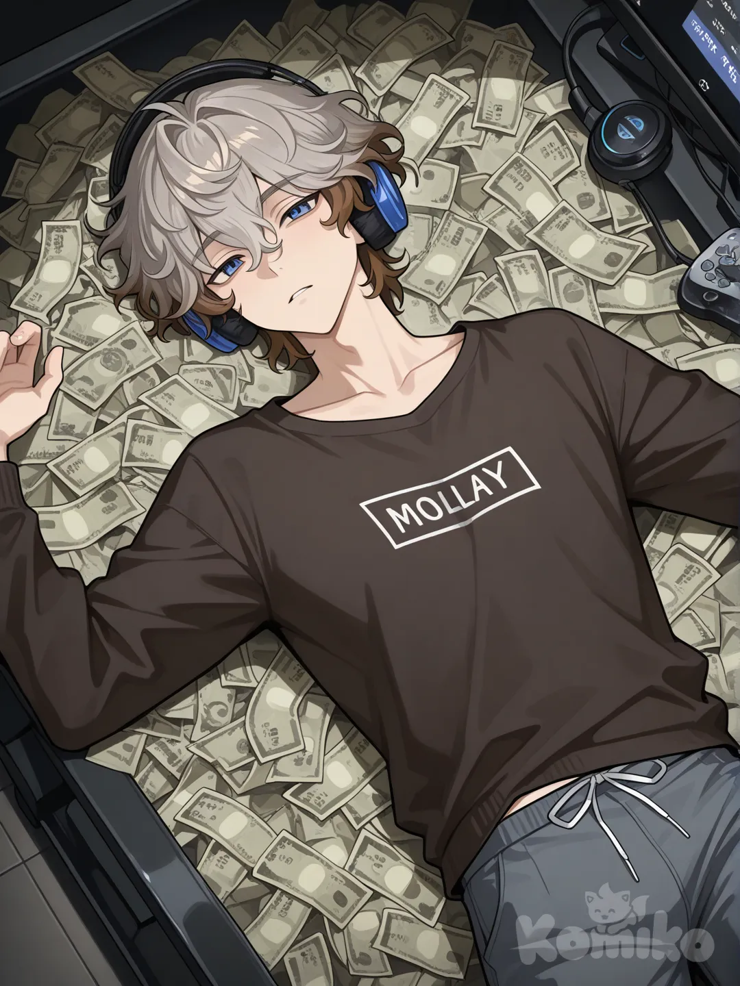 A handsome, tall guy with blue eyes and brown-gray, wawy hair. He's lying on mountains of money. He's wearing headphones; he's a streamer.