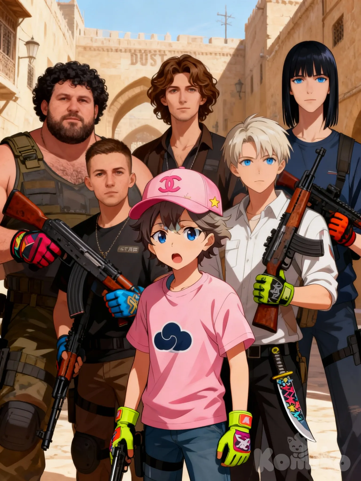 @goshan-2-Y0KL Стоит со своими друзьями Денчиком(он большой, атлетичный Европеец с широким лицом и тёмными кудрявыми волосами), Стасом(низкий и похож на OG BUDA), Ильёй( Коричневые волнистые волосы, высокий рост), Артёмом(Светлые волосы, голубые глазха средний рост, чуть выше Стаса) и Миша(Выше всех, тёмные прямые волосы до плеч, худой, голубые глаза). На руках у них надеты перчатки с яркими скинами. В руках они держат разные оружия(ak, Awm, knifes. со Скинами) На фоне локация похожая на легендарную карту DUST 2