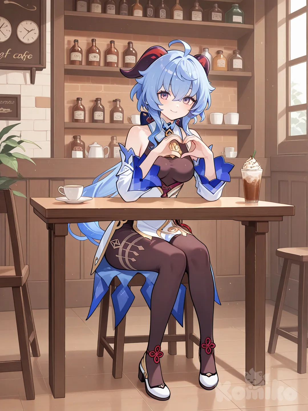 @Ganyu_(Genshin_Impact), heart hands, smile, full body, cafe