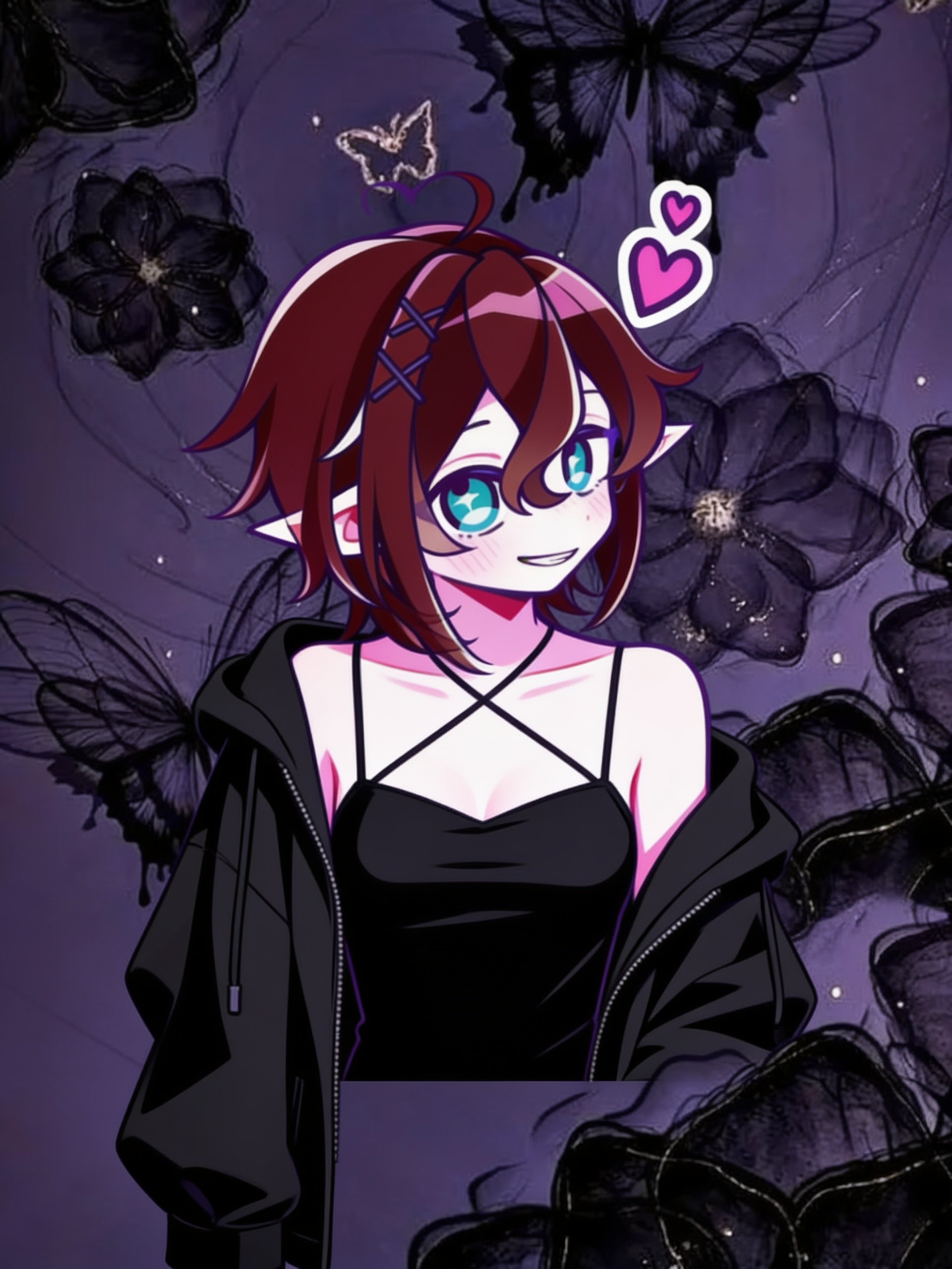 1girl, dark brownish red hair, teal eyes, skinny, pale skin, pointy elf ears, black top with spaghetti traps making an x over her chest, baggy black jacket that hangs off her shoulders, hair clips