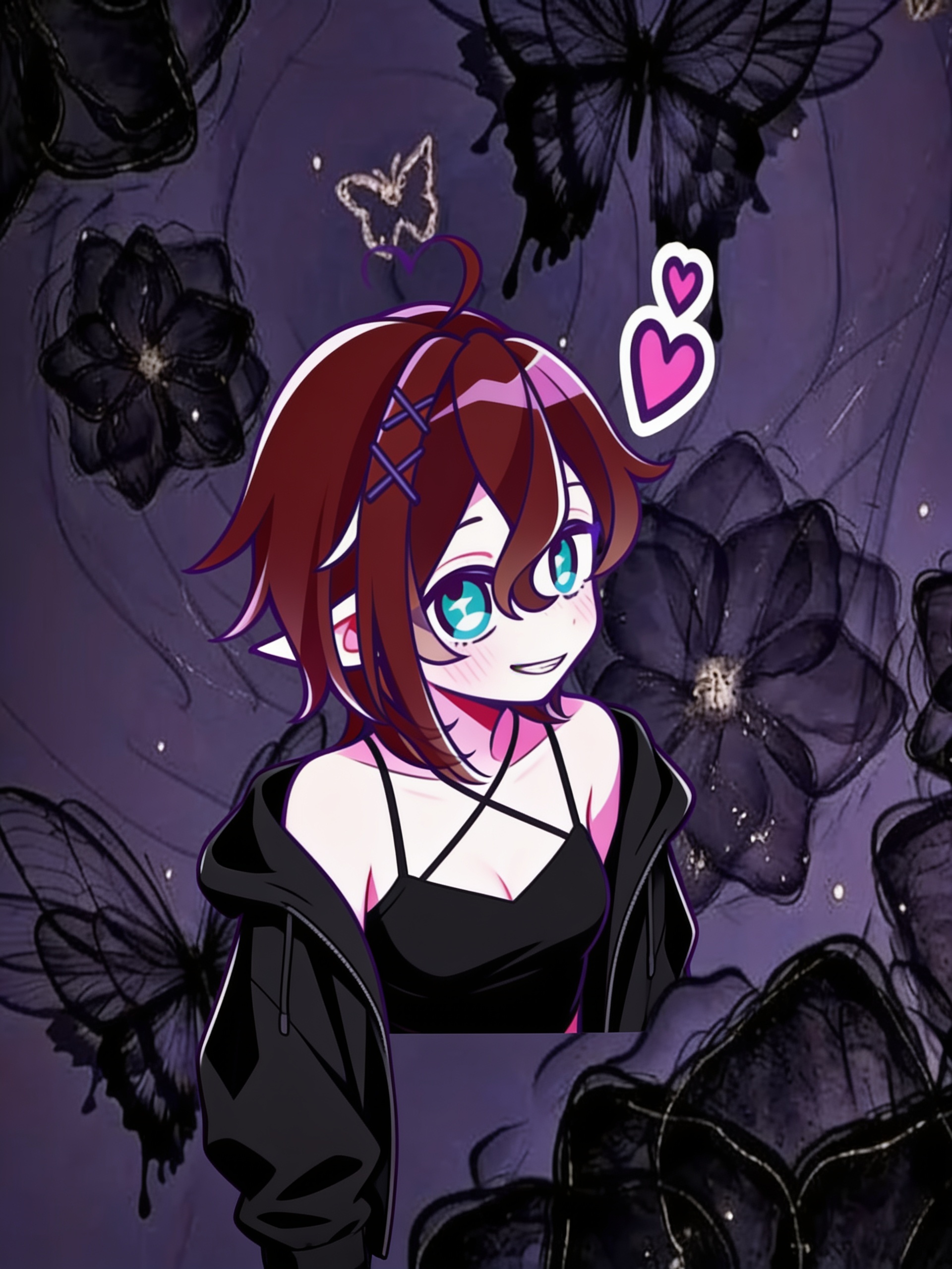 1girl, dark brownish red hair, teal eyes, skinny, pale skin, pointy elf ears, black top with spaghetti traps making an x over her chest, baggy black jacket that hangs off her shoulders, hair clips