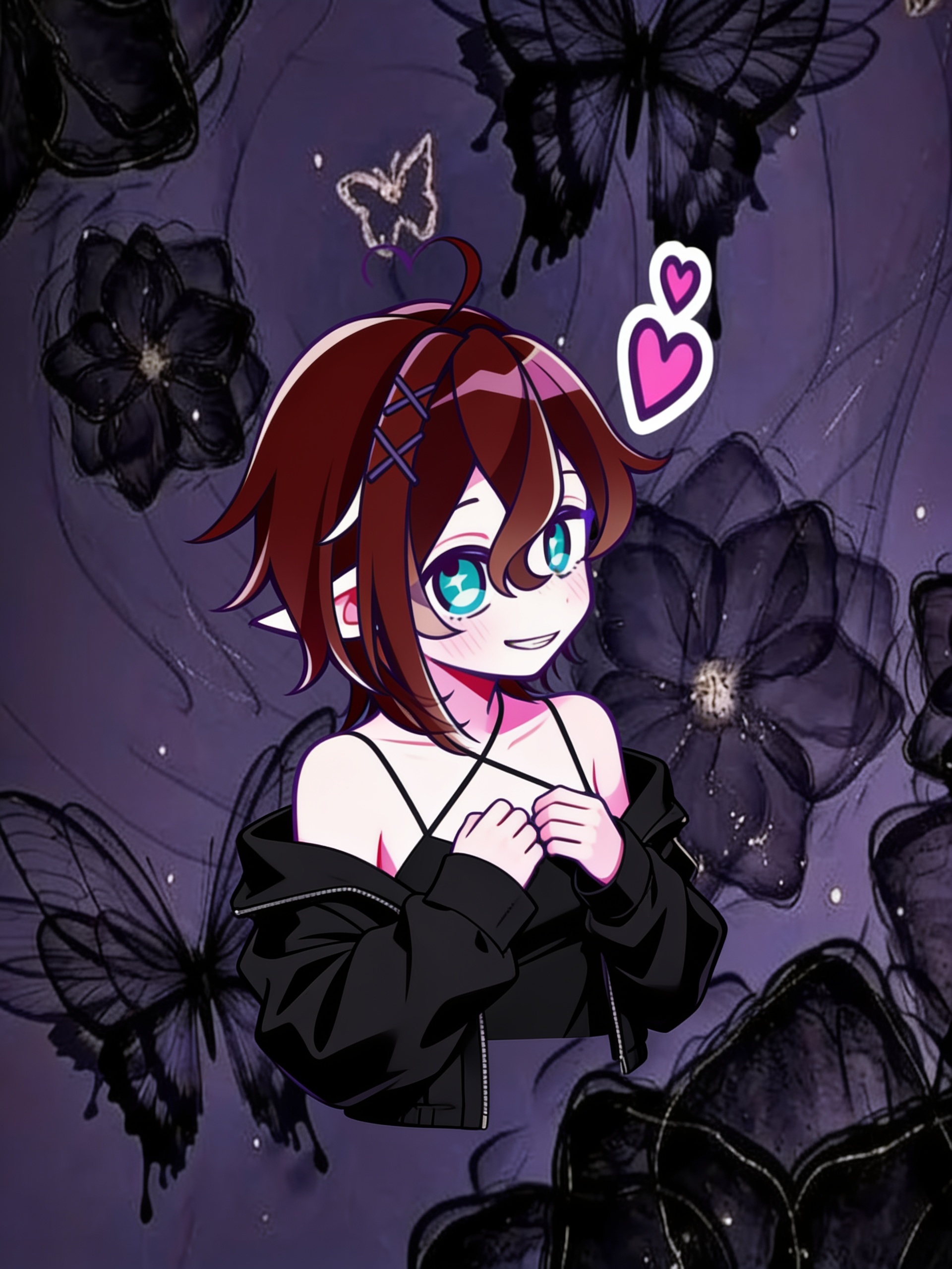 1girl, dark brownish red hair, teal eyes, skinny, pale skin, pointy elf ears, black top with spaghetti traps making an x over her chest, baggy black jacket that hangs off her shoulders, hair clips