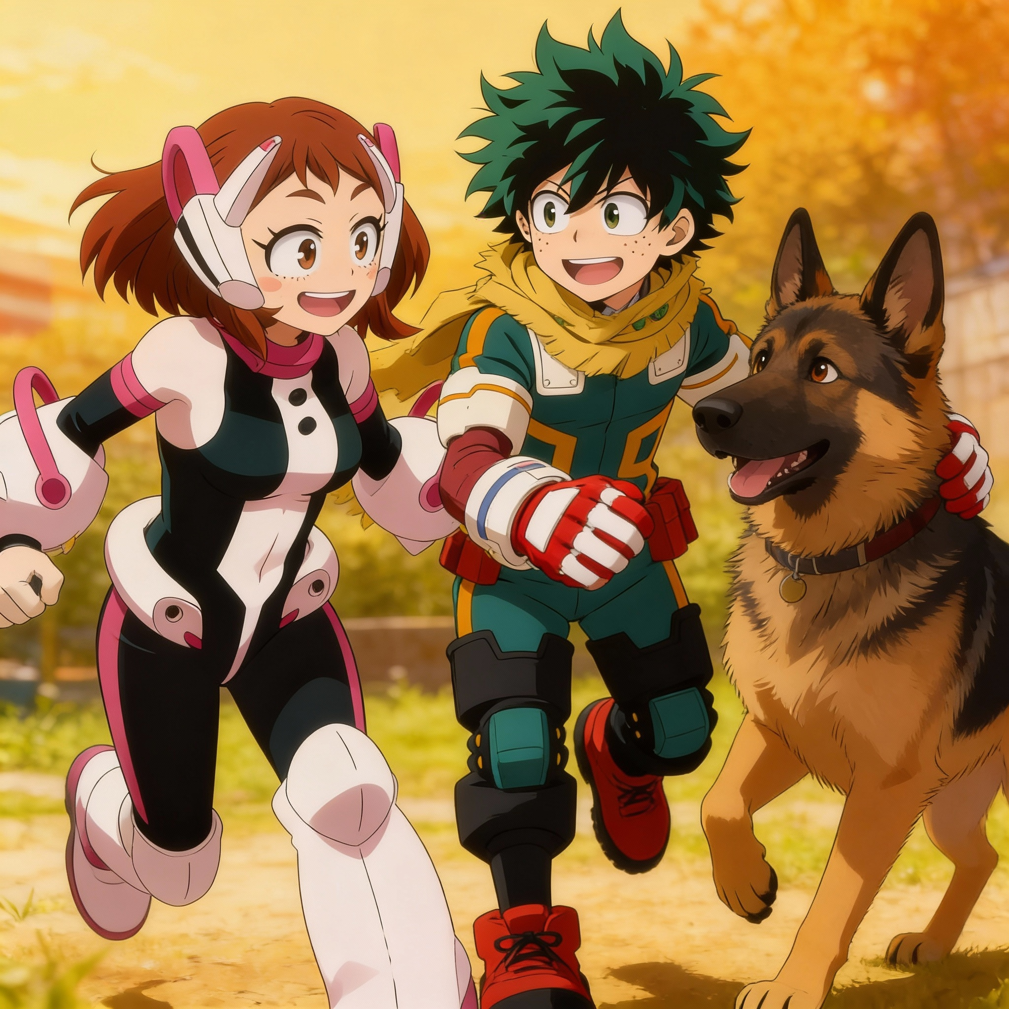 What If Ochaco Uraraka And Izuku midoriya had a German shepherd dog, anime-style, highly anime art