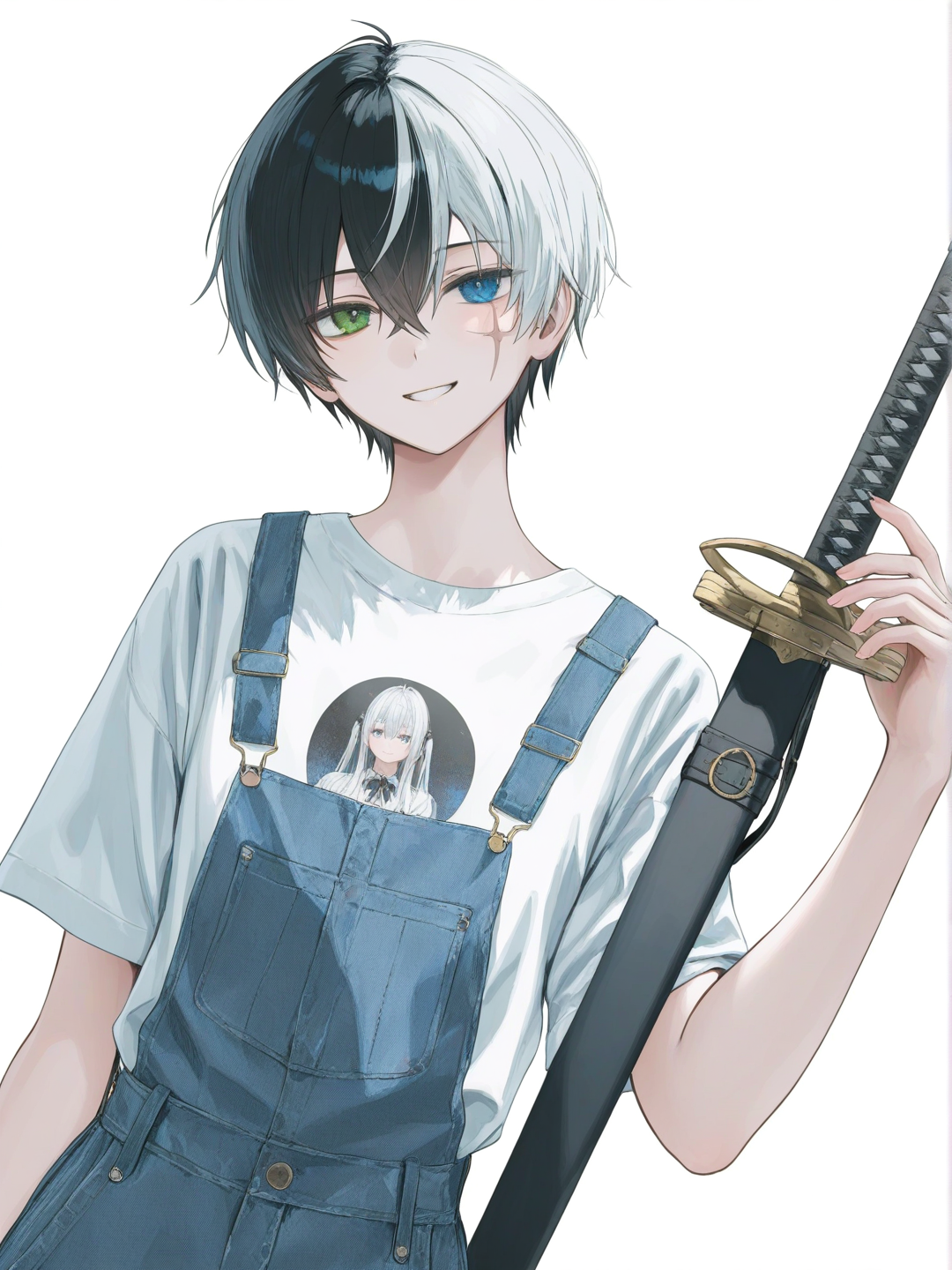 [soft-pastel-style] heterochromia, blue_eyes, green_eyes, black_hair, white_hair, teenager, scar_on_face, t-shirt, print_t-shirt, denim_overalls, sword, sheathed, athletic, smile, mischievous_smile, single_character, full_body, looking_at_viewer, anime_style, simple_background, white_background