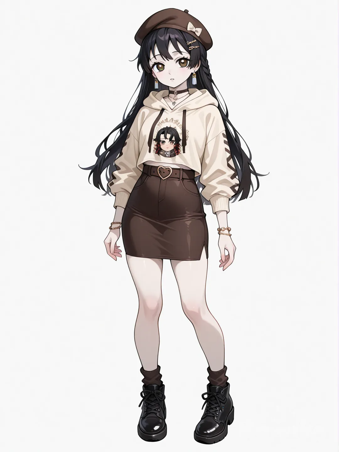 1girl, demon slayer style, teenager, short stature, long hair, straight hair, braids, black hair, brown eyes, dimples, pale skin, hoodie, pencil skirt, hairpin, hair accessory, earrings, necklace, bow, choker, beret, bracelet, single character, full body, looking at viewer, simple background, white background