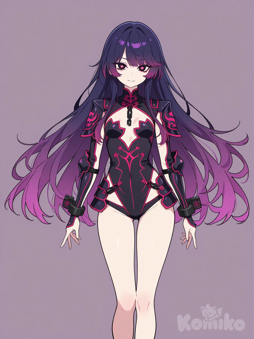 Haz a Ren Yamashiro del anime Chained Soldier La chica está representada con un estilo de dibujo claramente inspirado en el anime moderno, con líneas limpias, colores planos bien definidos y sombreados suaves que añaden volumen sin perder simplicidad. Su rostro tiene proporciones típicas del anime: ojos grandes y expresivos, con un brillo detallado y un delineado oscuro que resalta la mirada. Los rasgos faciales son delicados, con una nariz muy sutil y una boca pequeña trazada con minimalismo.

El cabello está ilustrado con mechas bien marcadas, un degradado de tonos púrpura que aporta profundidad y un brillo característico del anime estilizado. La postura del personaje es firme y segura, con una anatomía estilizada: piernas largas, silueta delgada y proporciones ligeramente idealizadas, comunes en diseños de personajes heroicos o elegantes.

En conjunto, el estilo combina elementos de anime militar-fantástico con un toque de sofisticación, usando colores intensos, contornos definidos y una expresión confiada que transmite personalidad incluso sin apoyarse en la vestimenta.