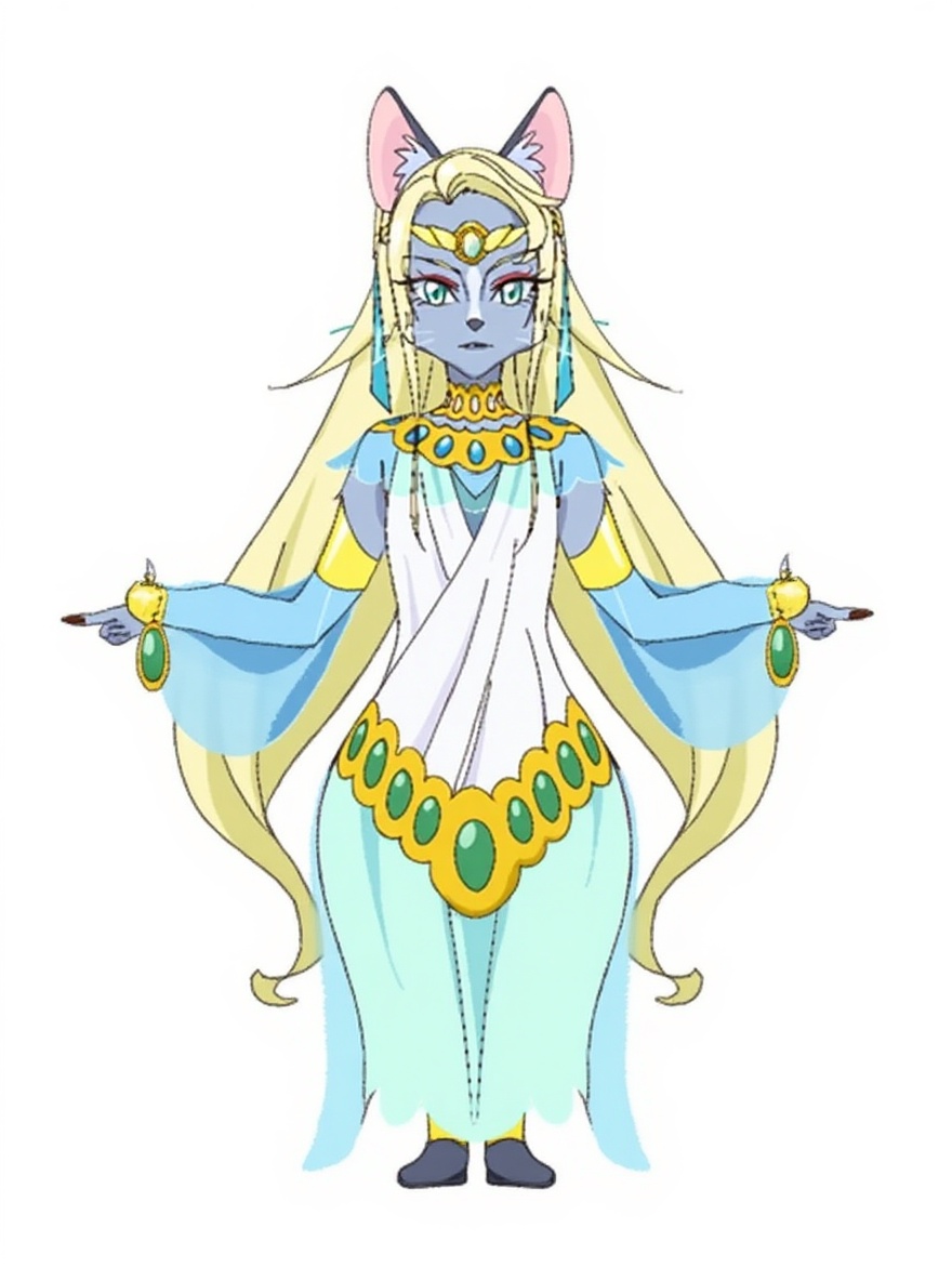 1girl, Chinese, 17 years old, long blonde hair split into two at the neck, emerald green eyes, grey fur, long green dangling earrings, white dress with gold ornaments, gold ornaments decorated with green jewels, light green translucent cloth hanging from belt and neckpiece, blue translucent sleeves decorated with gold ornaments, single character, full body, looking at viewer, anime style, simple background, white background