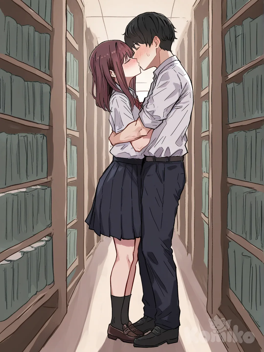 1boy, 1girl, 2people, [hentai-style], hugging, kissing, blush, diving , school uniform, full body, ambient light, library