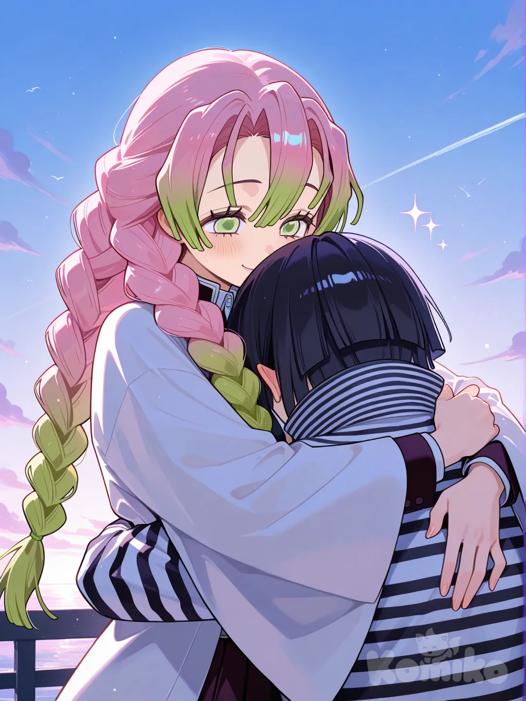 @Kanroji_Mitsuri, @Iguro_Obanai, hugging, blue sky, sparkle