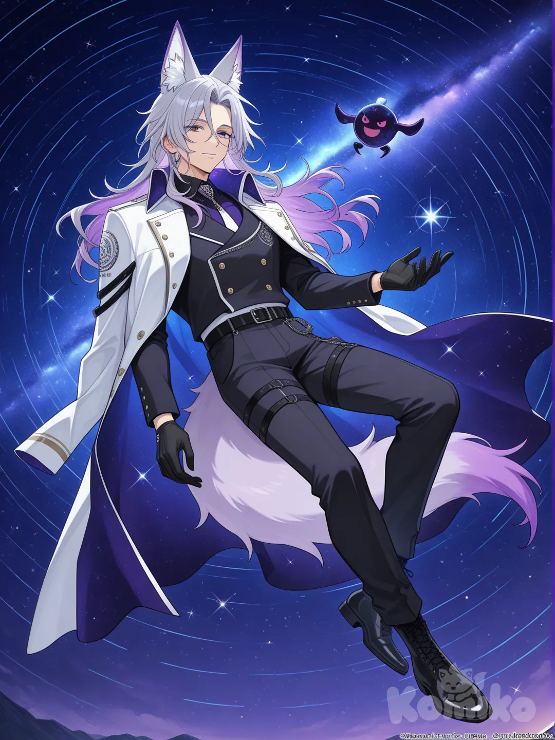 Un chico prmedio de estatura promedio, cuerpo plano, ojos marrones y cabello negro, tiene orejas de zorro mecánicas y cinturon tecnológico, zapatos mecánicos, ropa informal, un brazalete tecnológico y un collar mecánico tipo mascota en su cuello ajustado, full body, day, 1boy, fox ears, cosmic background