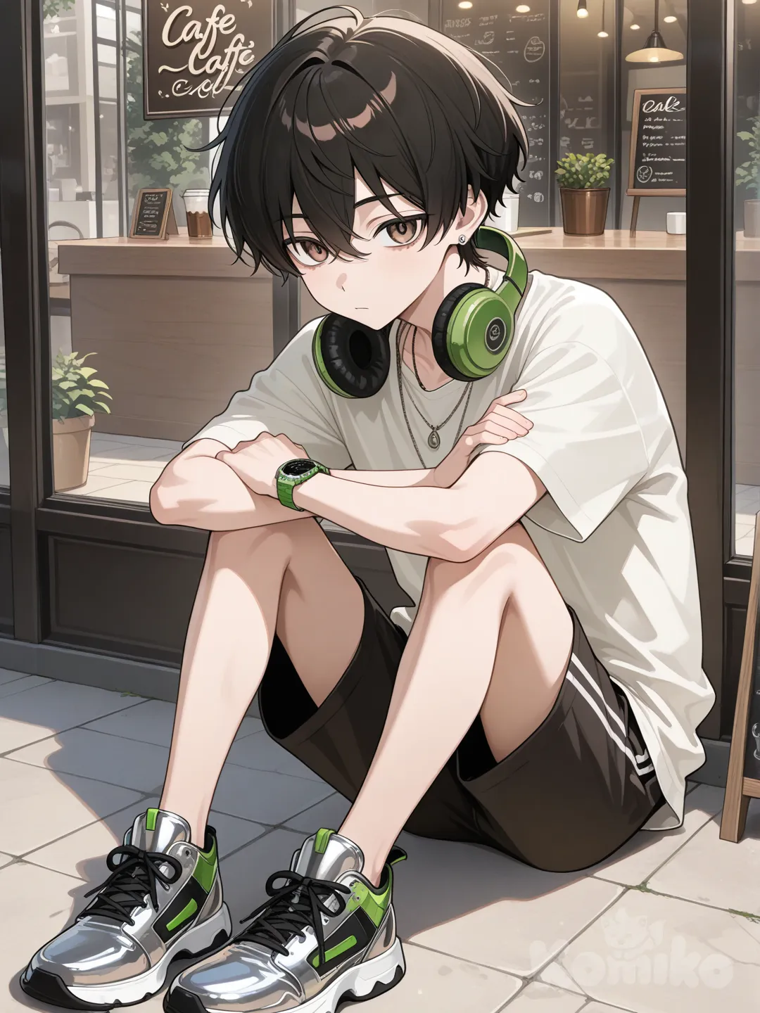 Un chico normal de cabello negro y ojos marrones estatura promedio y cuerpo plano y simple, lleva ropa informal y zapatos metálicos un collar y un reloj verde y unos auriculares inalámbricos en su cuello, 1boy, full body, day, cafe, sitting on the ground