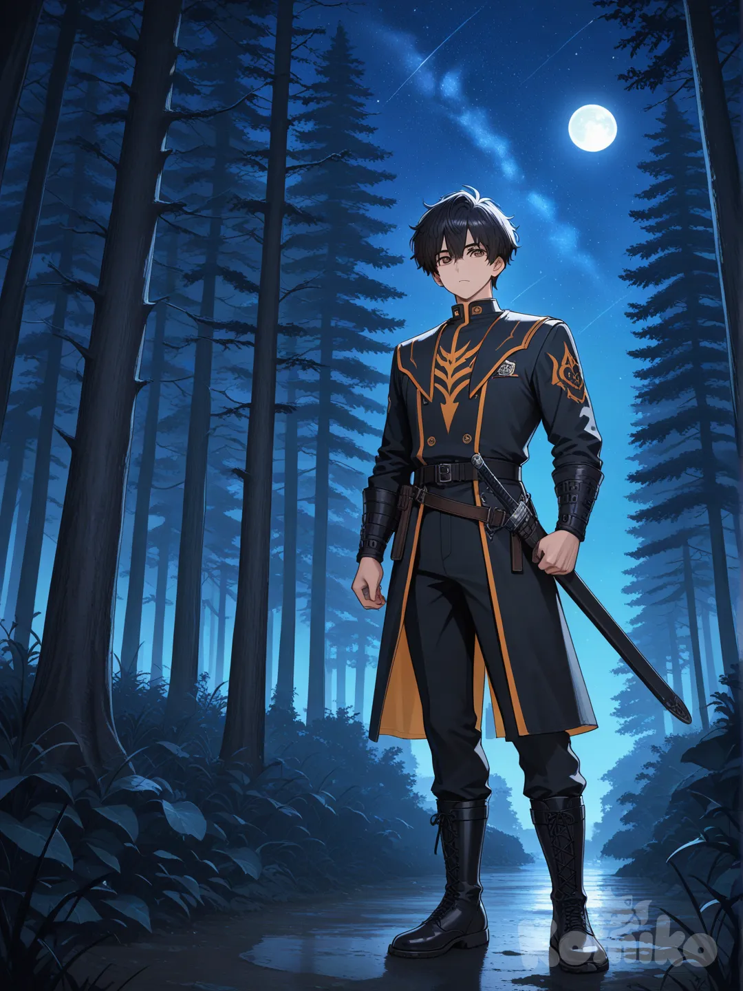 Un chico de cabello negro rebelde y ojos marrones, cuerpo medio y lleva un traje de cazador de demonios novato, forest, night, full body