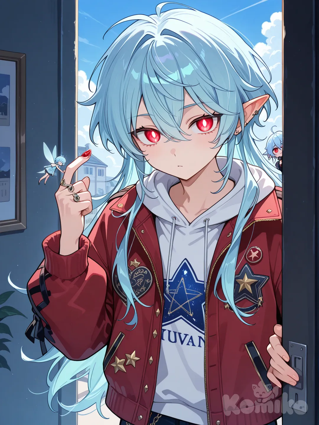 Un chico de 1.72 metros, cabello celeste, ojos rojos carmesí, ropa informal extravagante con estrellas grabadas, lleva un anillo en forma de corazon, y una pequeña hada se asoma de desde su chaqueta,1boy