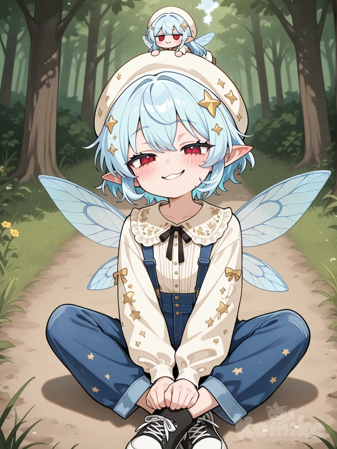 Un chico de 1.72 metros, cabello celeste, ojos rojos carmesí, ropa informal extravagante con estrellas grabadas, y una pequeña hada está sentado en su cabeza, seve rudo pero no tanto,1boy, full body