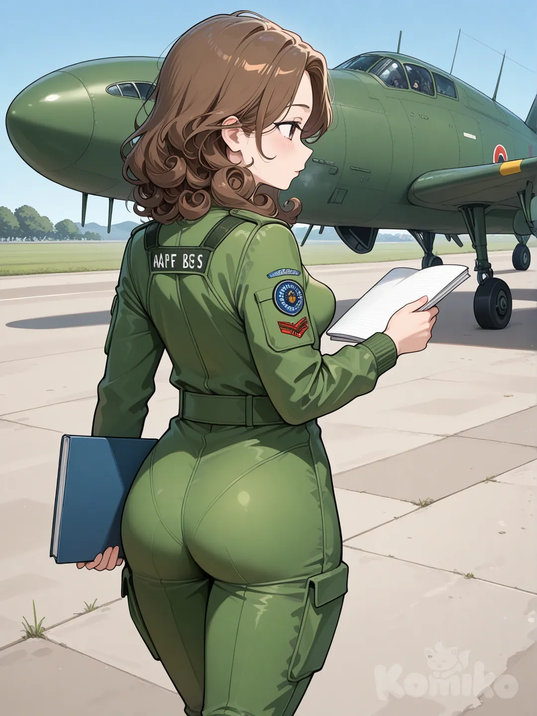 1 girl, 40 years old, small breasts, medium length curly brown hair, hair blowing in the wind, brown eyes, perky breasts, wearing a green flight suit, carrying a small blue notebook, walking away from a large Military aircraft