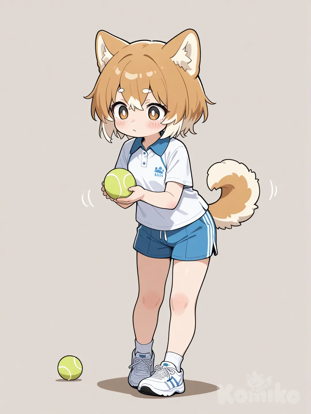 Shiba Inu, track shorts, tennis ball