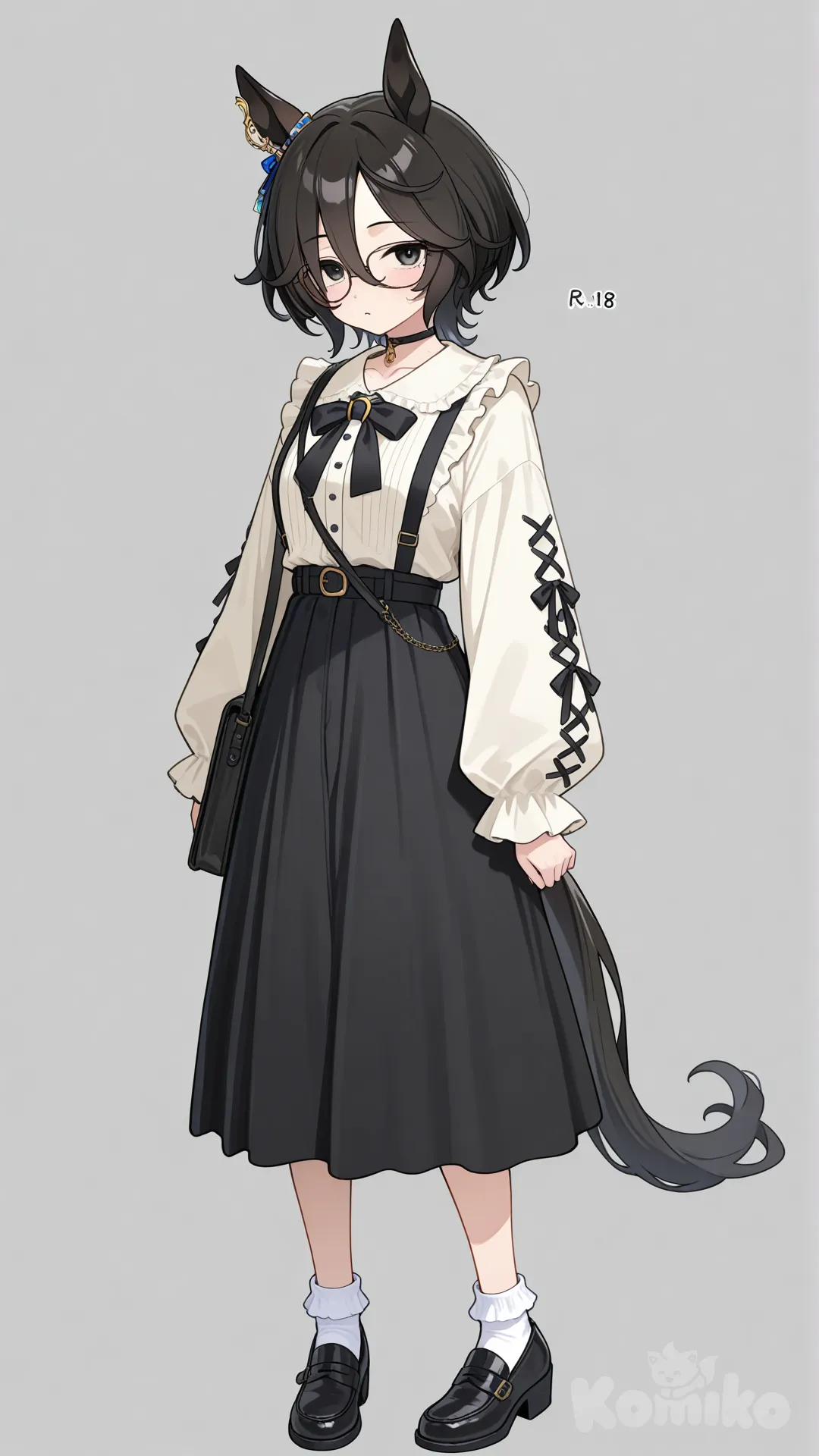 1girl, Girl with glasses, short hair, black hair, black eyes, umamusume, all body, and arms a seal