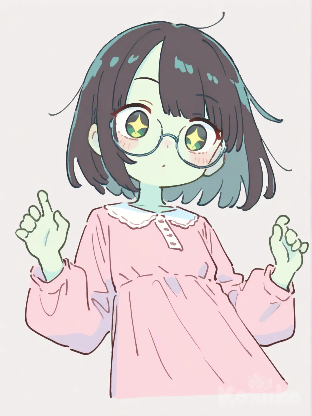 Chic joven, piel verde pastel, ojos verdes oscuros con estrellitas, lentes portados, fleco rosa, cabello corto negro, vestido rosa , [flat-pastel-style]